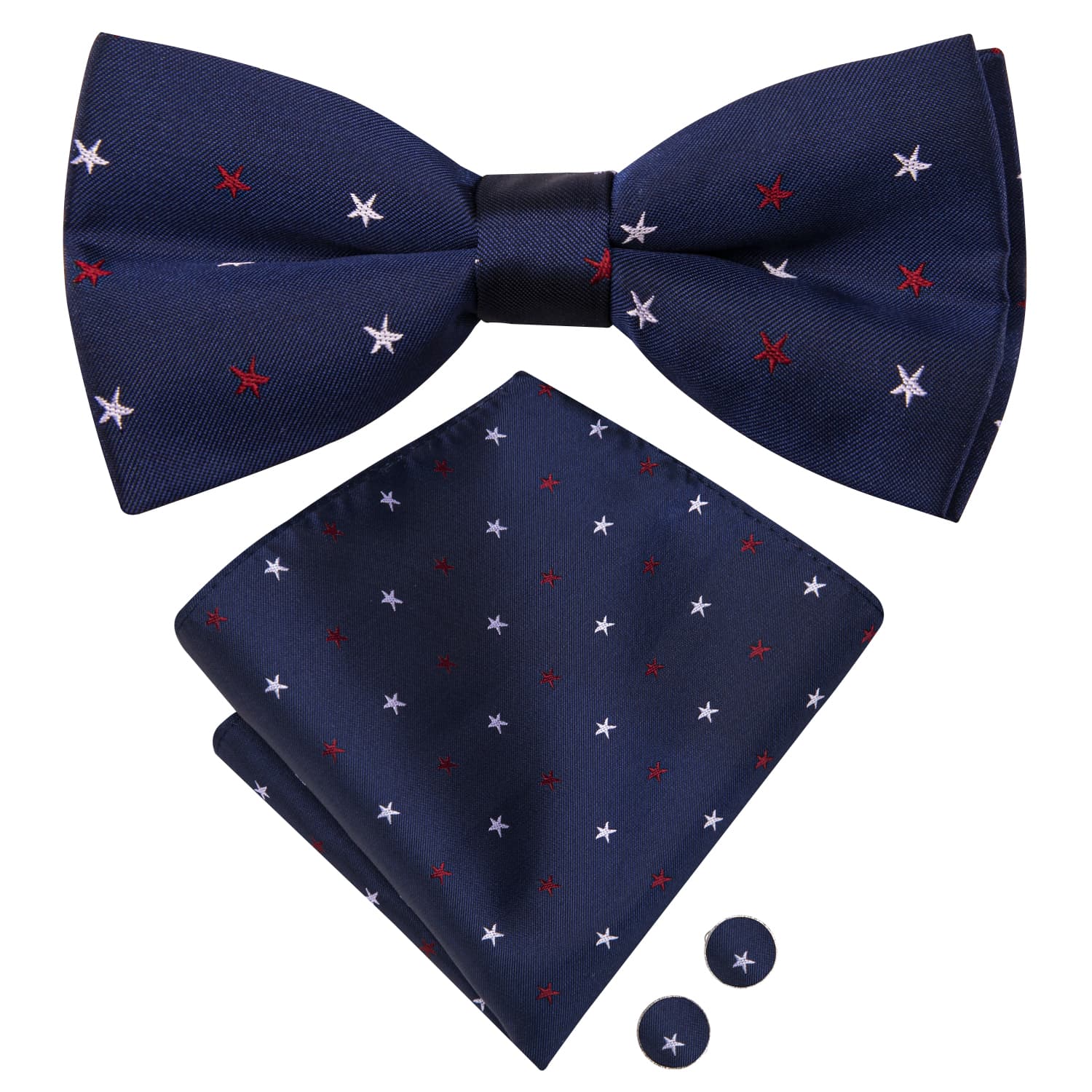  Deep Blue Bowtie Red White Star Pattern Tie Hanky Cufflinks Set