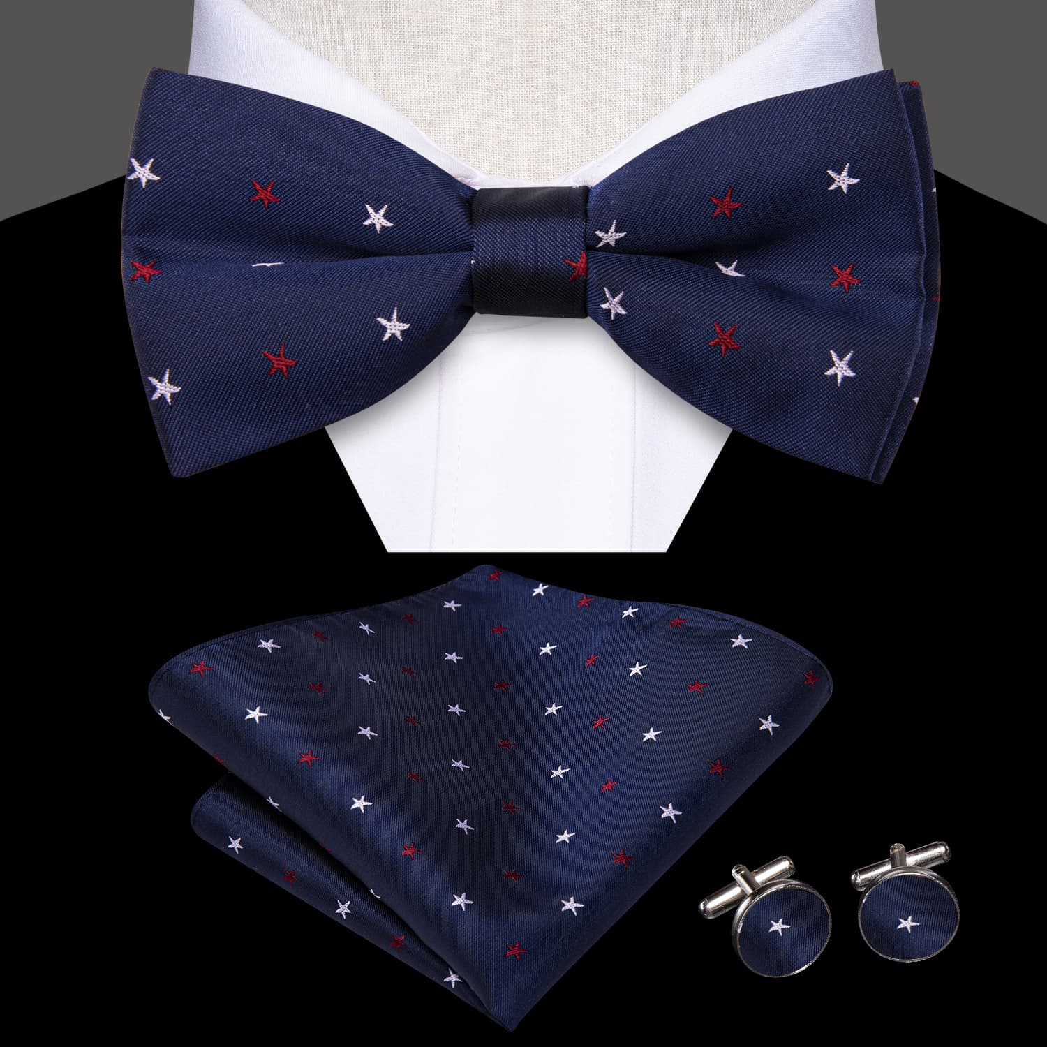  Deep Blue Bowtie Red White Star Pattern Tie Hanky Cufflinks Set