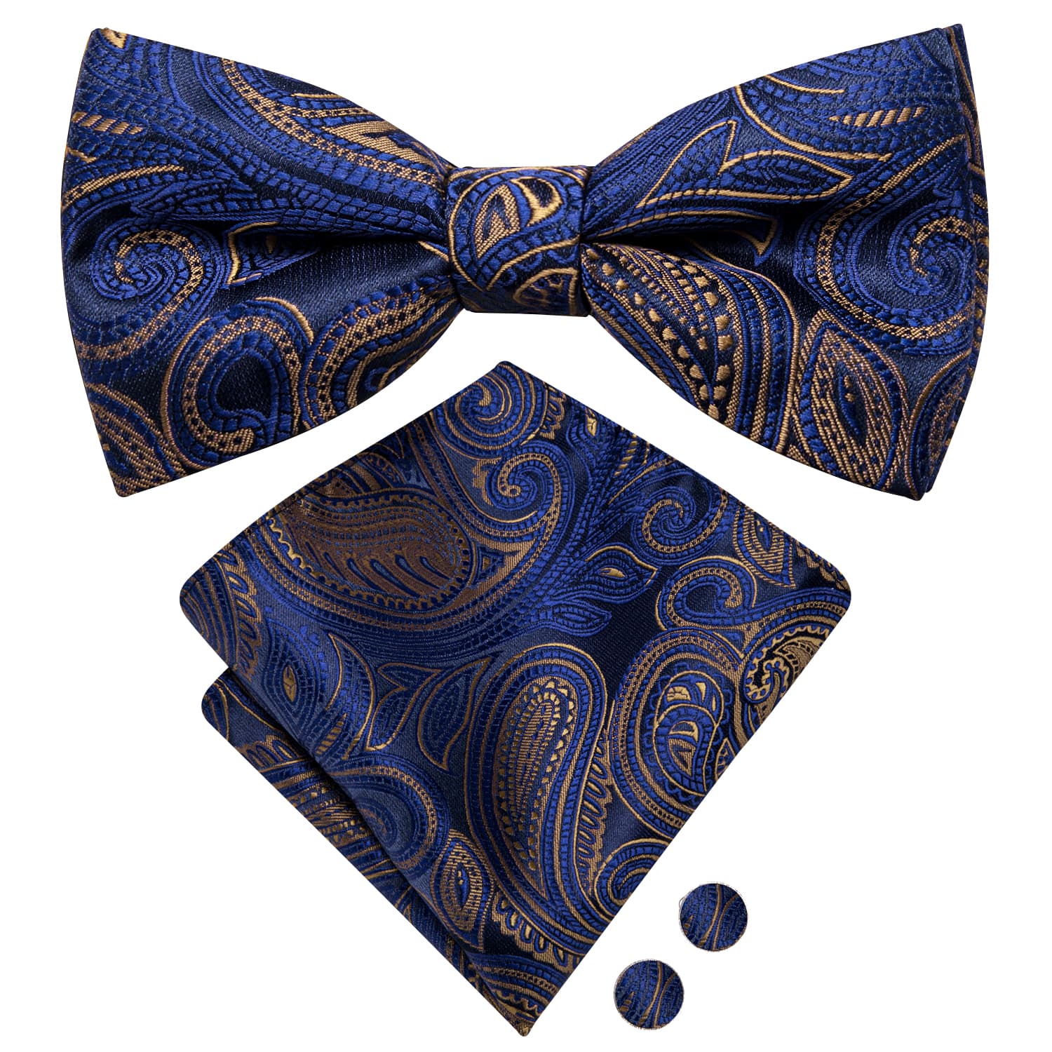 Blue Bowtie Brown Line Paisley Men's Tie Hanky Cufflinks Set