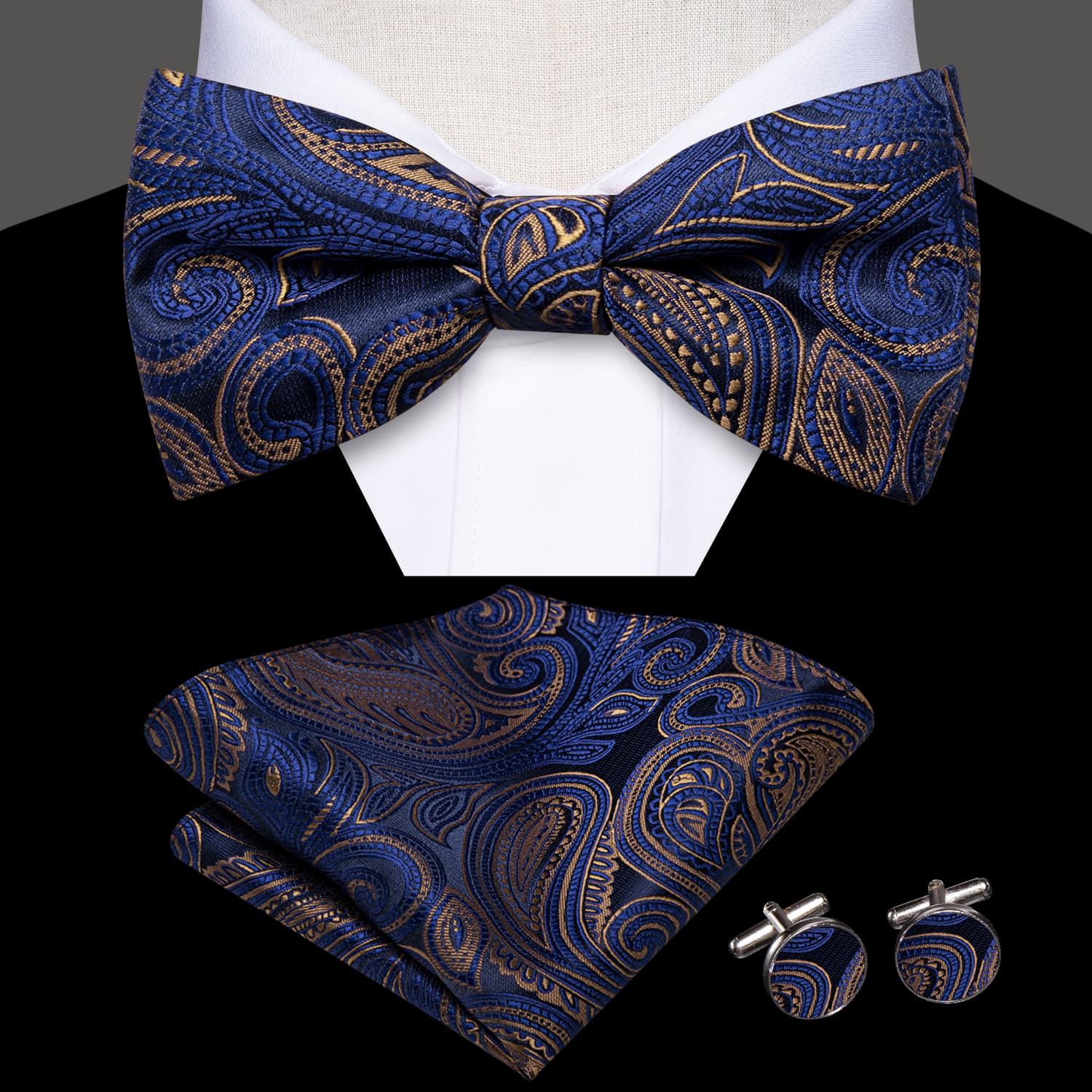 Blue Bowtie Brown Line Paisley Men's Tie Hanky Cufflinks Set