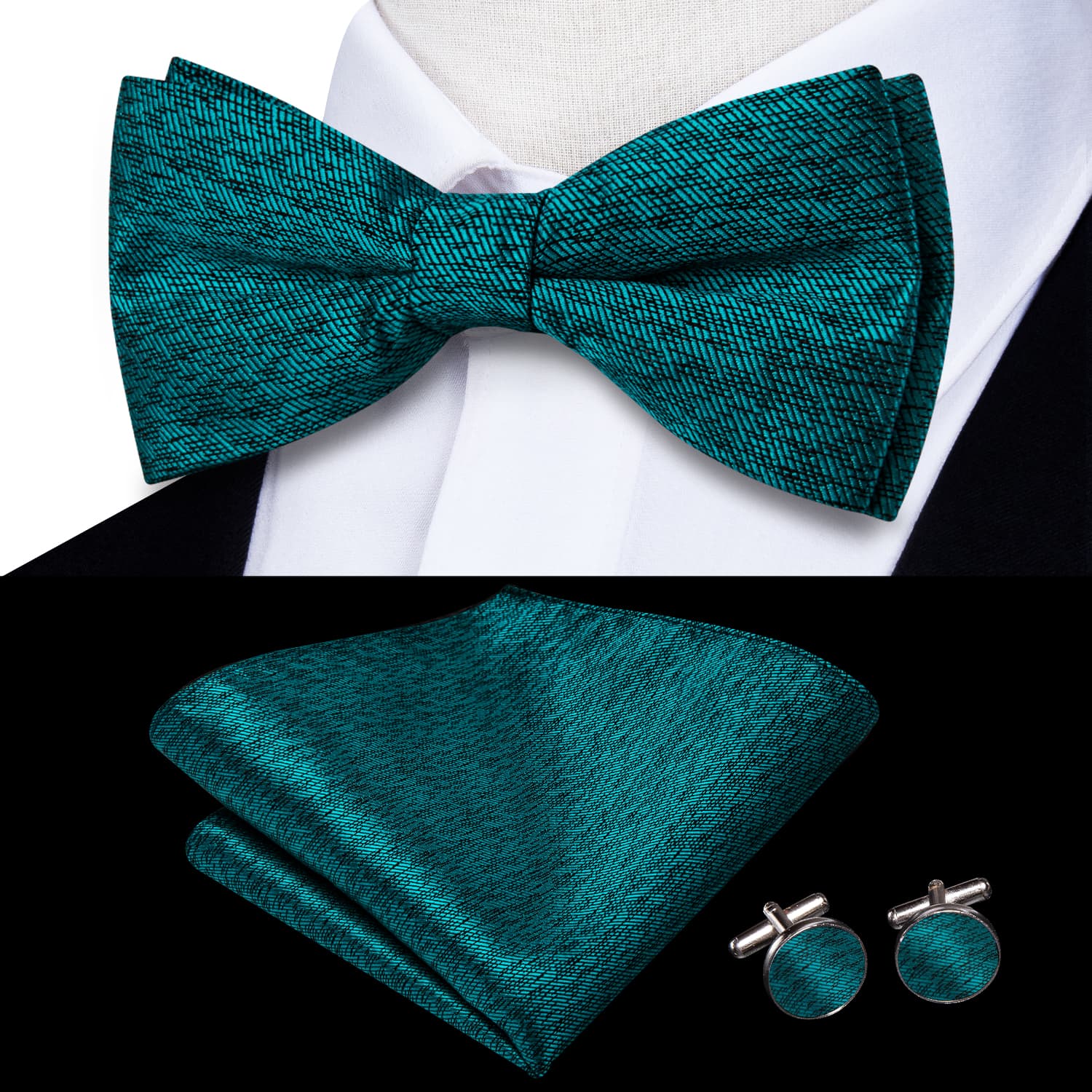 Teal Blue Bowtie Novelty Men's Silk Necktie Hanky Cufflinks Set