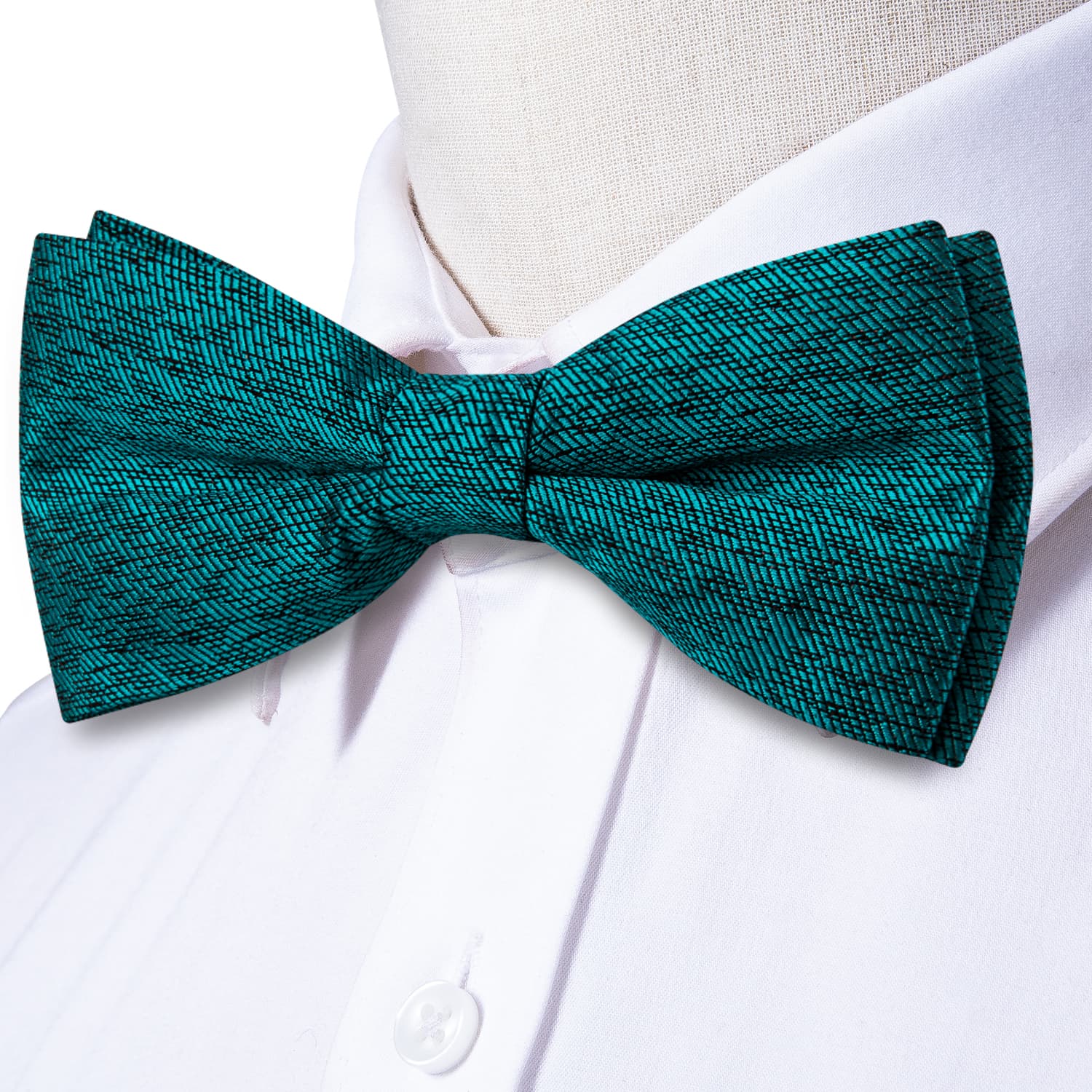 Teal Blue Bowtie Novelty Men's Silk Necktie Hanky Cufflinks Set