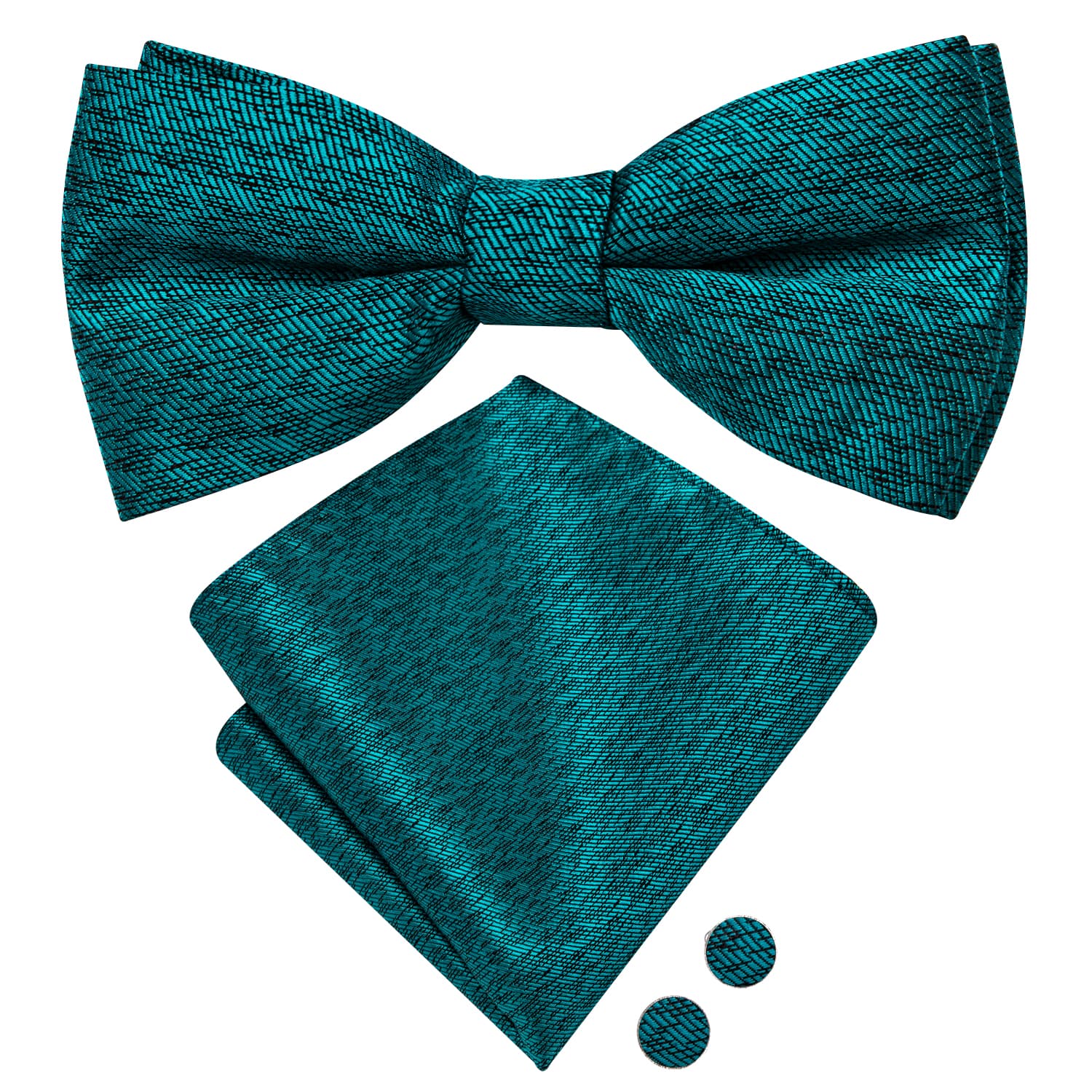 Teal Blue Bowtie Novelty Men's Silk Necktie Hanky Cufflinks Set