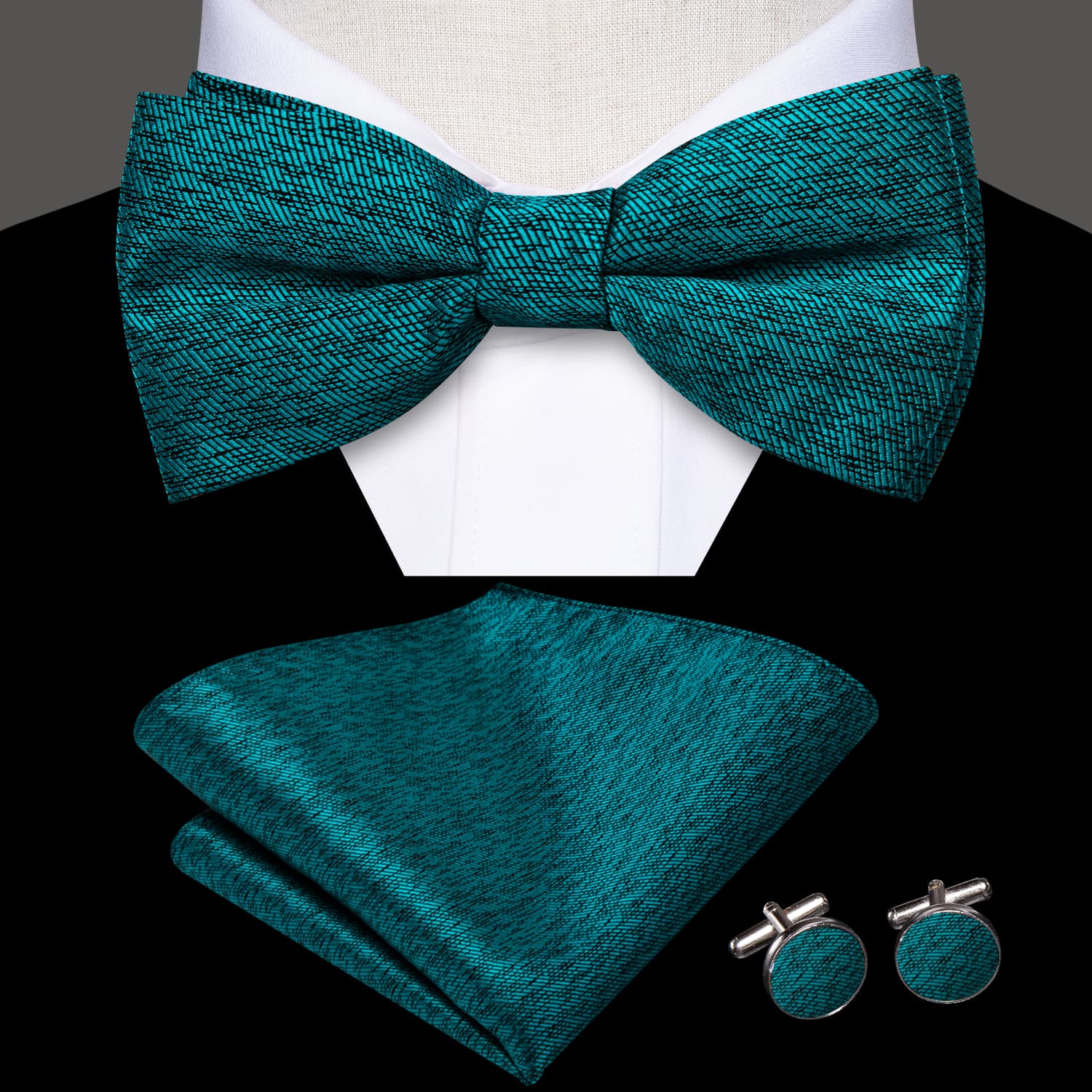 Teal Blue Bowtie Novelty Men's Silk Necktie Hanky Cufflinks Set