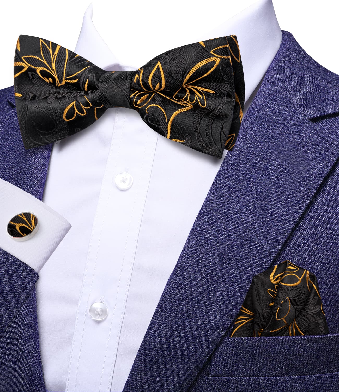  Black Gold Floral Bowtie Men's Silk Necktie Hanky Cufflinks Set