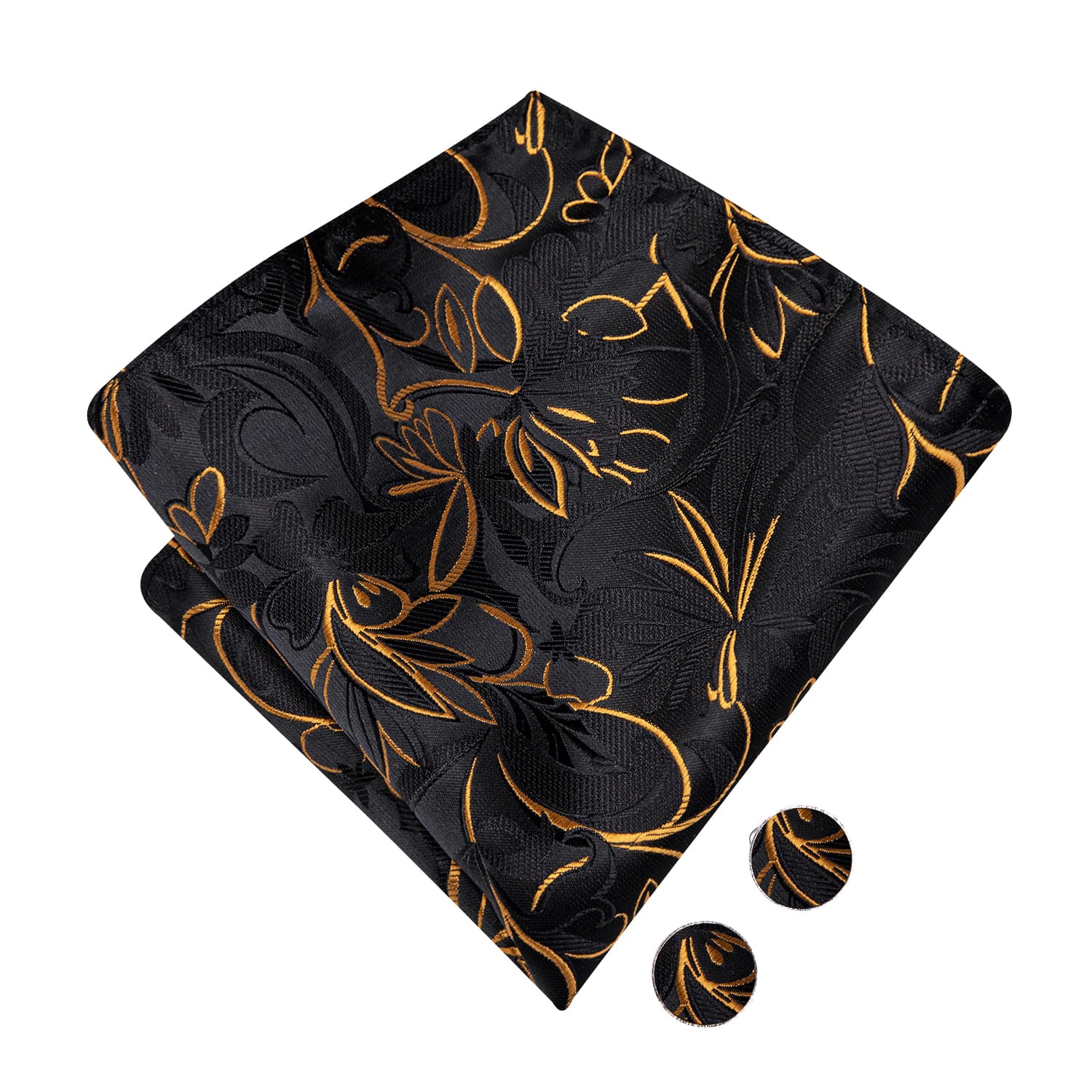  Black Gold Floral Bowtie Men's Silk Necktie Hanky Cufflinks Set