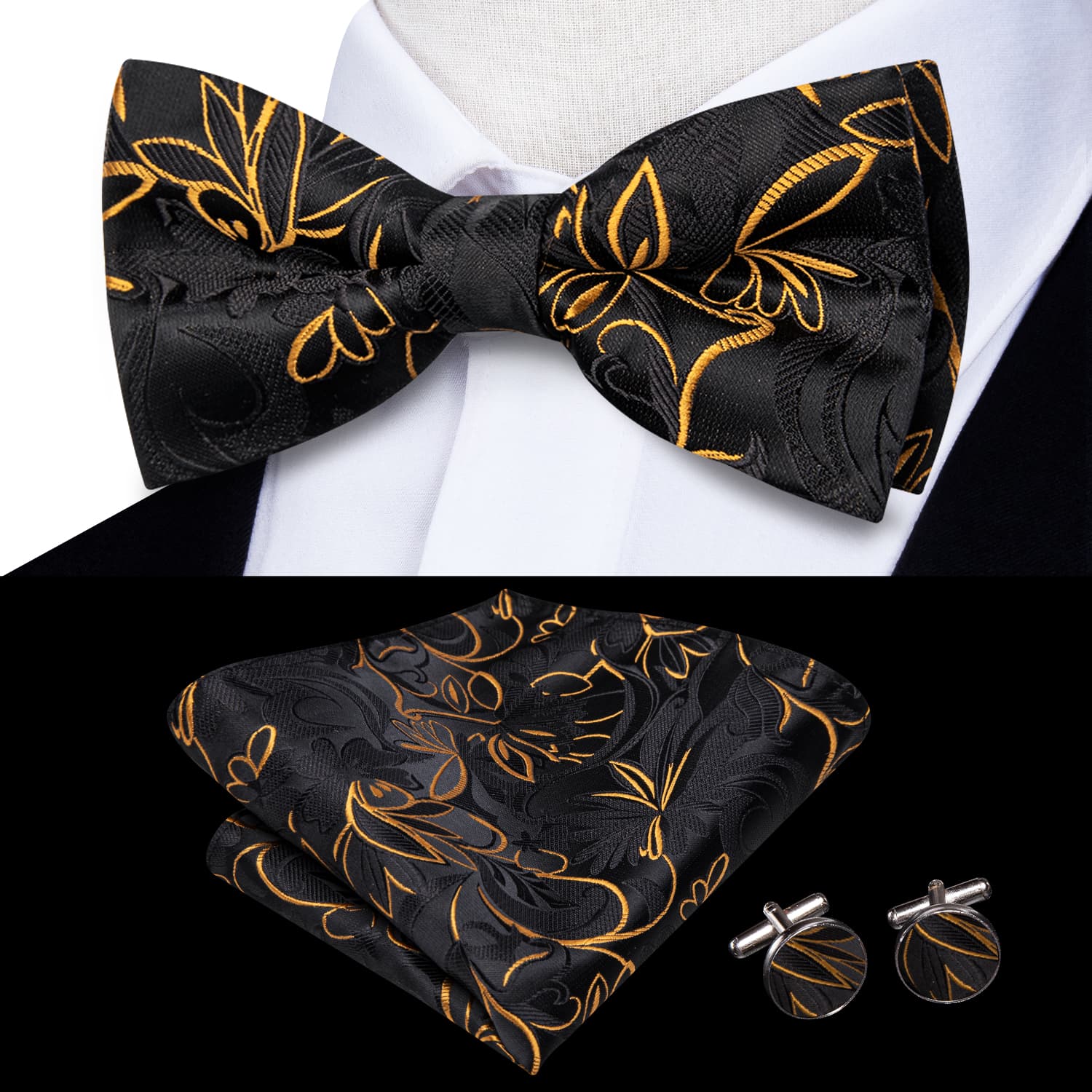  Black Gold Floral Bowtie Men's Silk Necktie Hanky Cufflinks Set