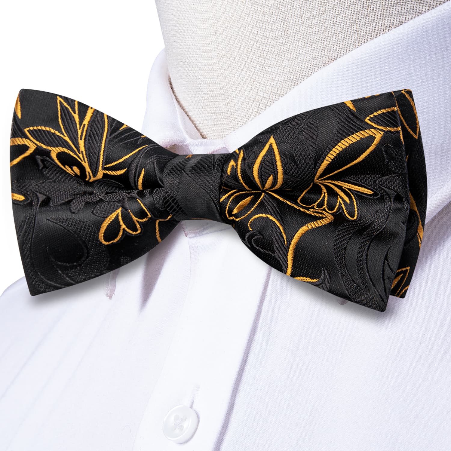  Black Gold Floral Bowtie Men's Silk Necktie Hanky Cufflinks Set