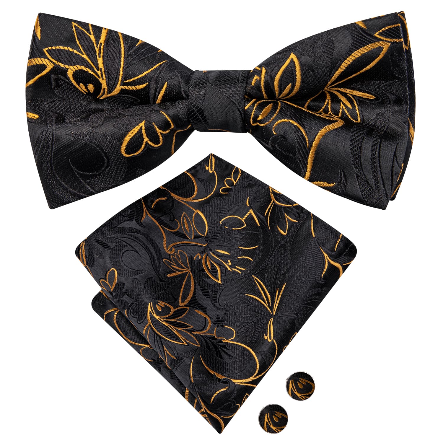  Black Gold Floral Bowtie Men's Silk Necktie Hanky Cufflinks Set