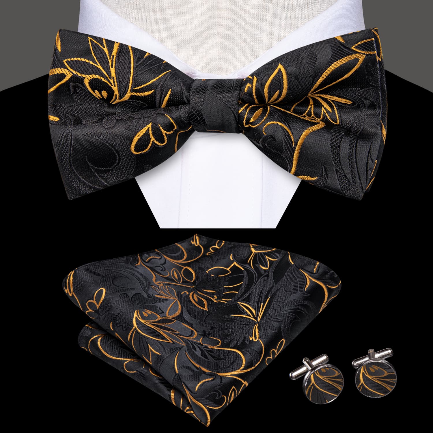  Black Gold Floral Bowtie Men's Silk Necktie Hanky Cufflinks Set