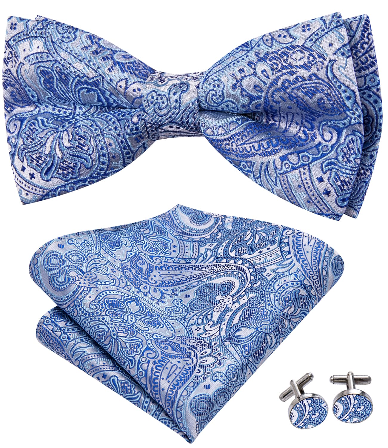  Sky Blue Paisley Blue Lines Men's Bow Tie Hanky Cufflinks Set