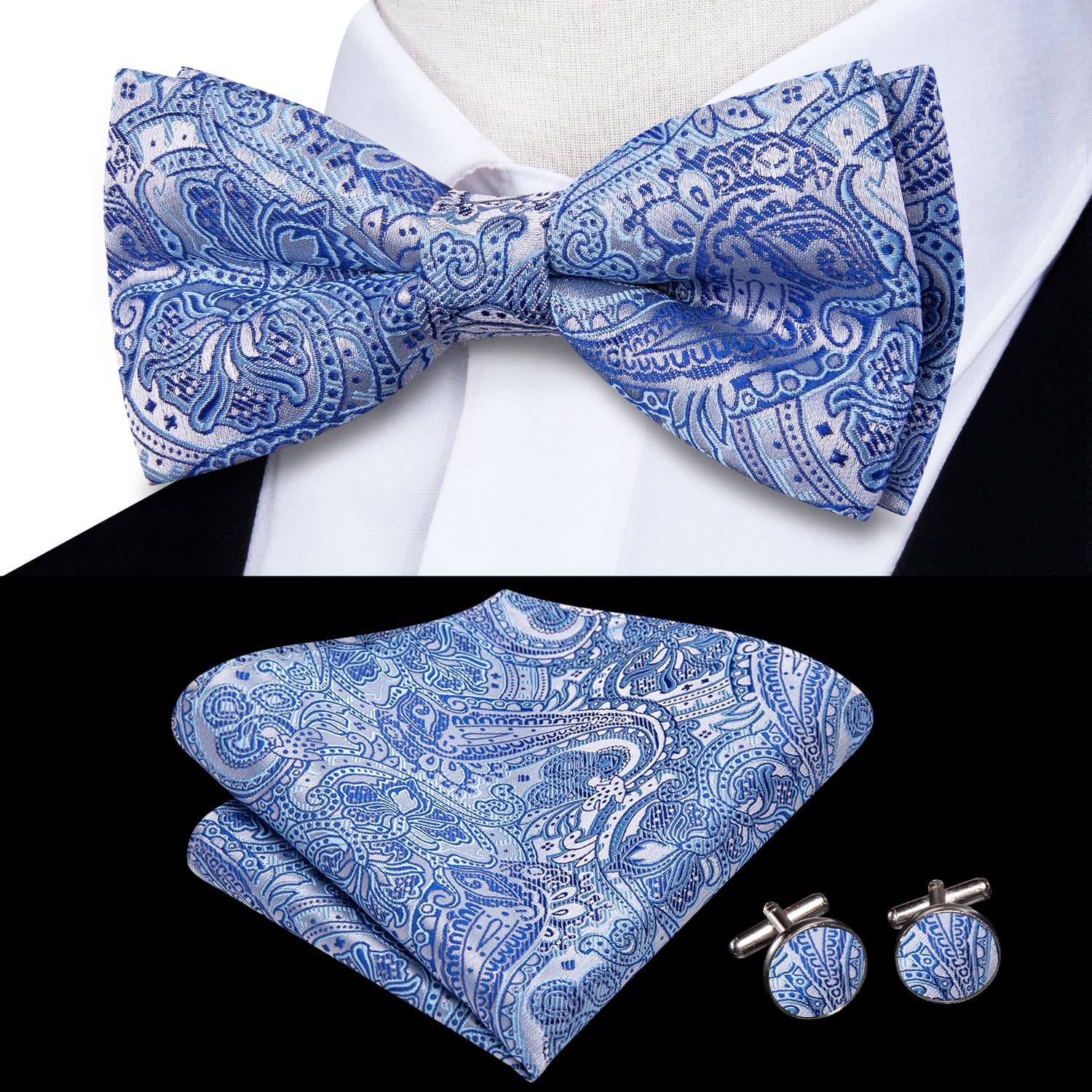  Sky Blue Paisley Blue Lines Men's Bow Tie Hanky Cufflinks Set