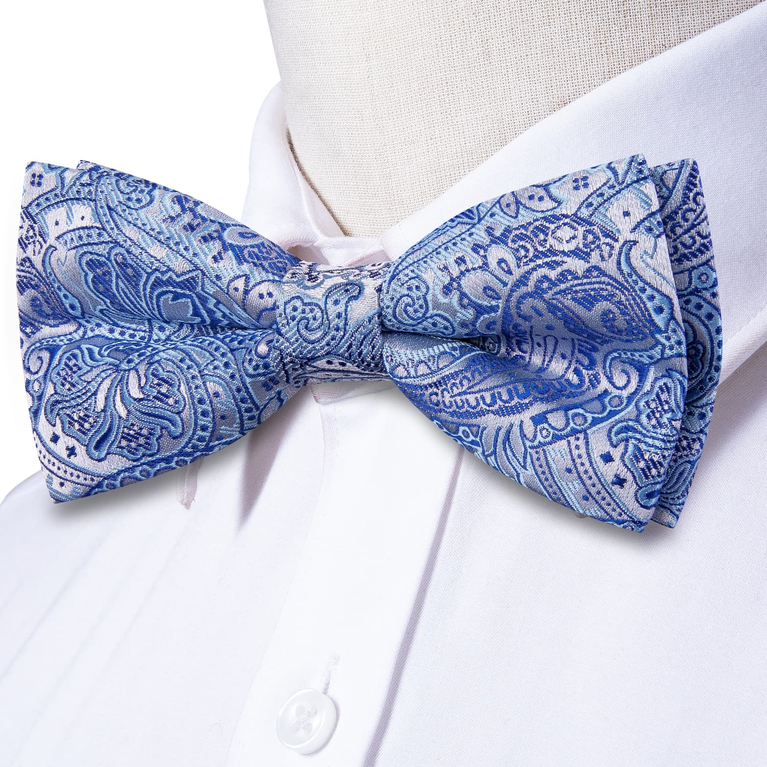  Sky Blue Paisley Blue Lines Men's Bow Tie Hanky Cufflinks Set