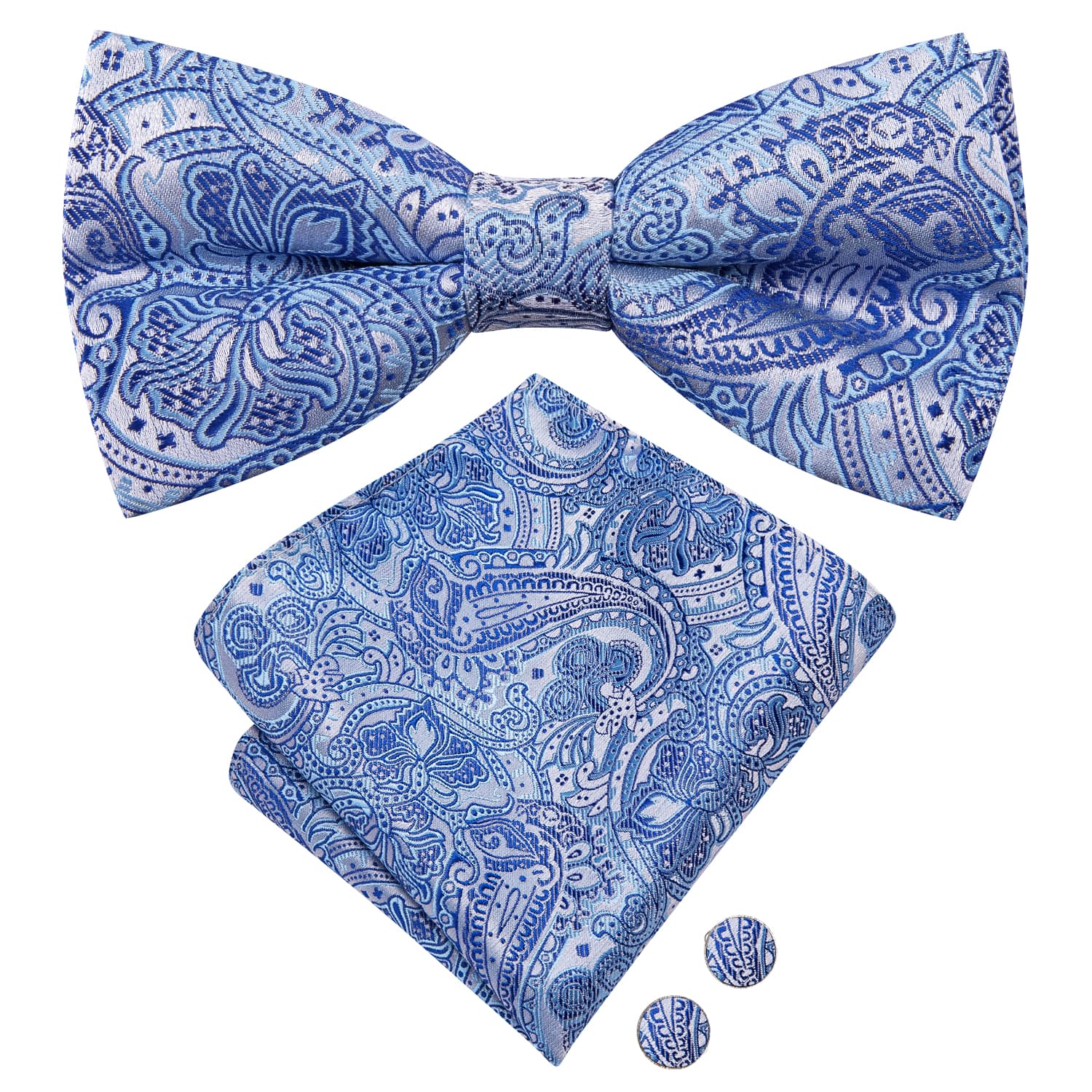  Sky Blue Paisley Blue Lines Men's Bow Tie Hanky Cufflinks Set