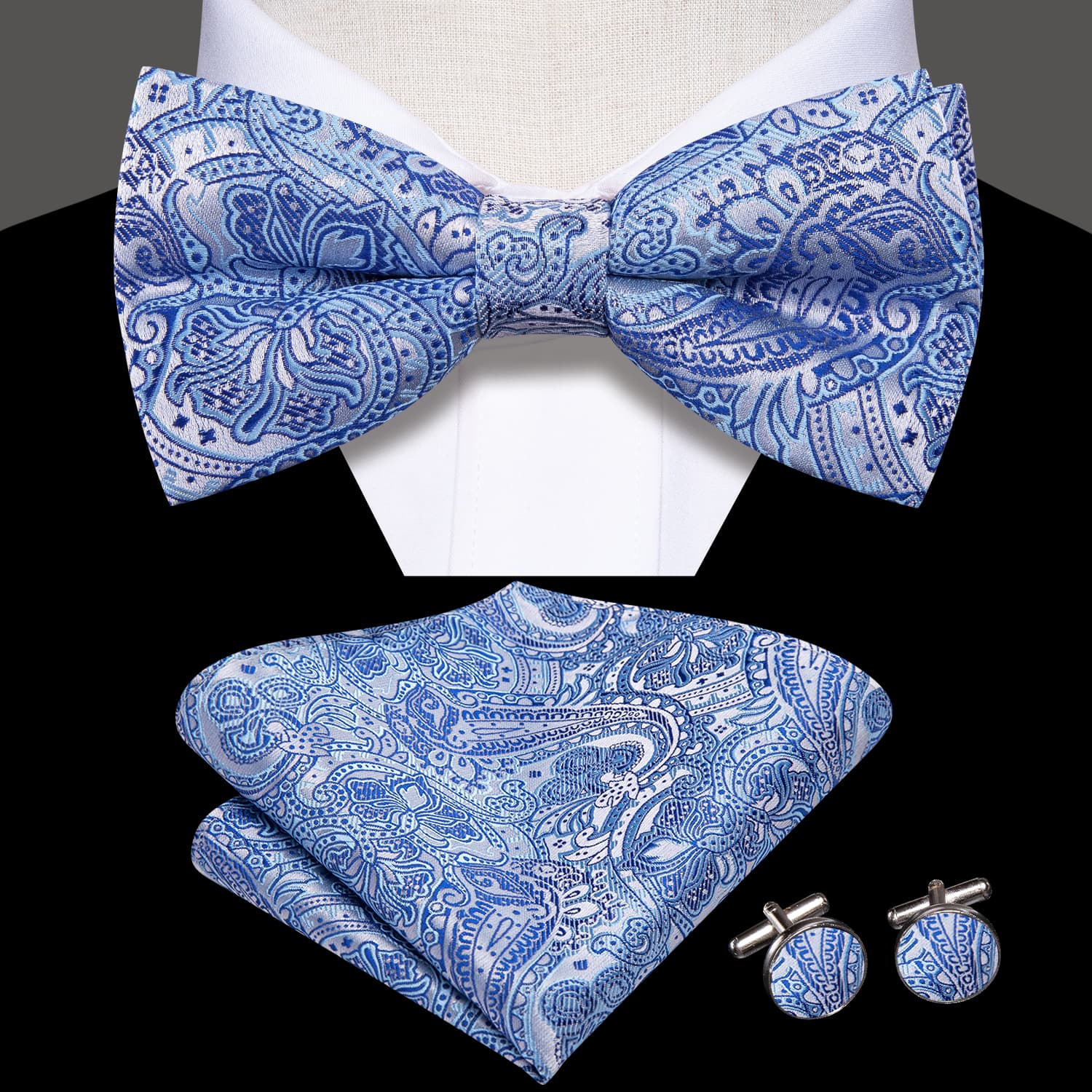  Sky Blue Paisley Blue Lines Men's Bow Tie Hanky Cufflinks Set