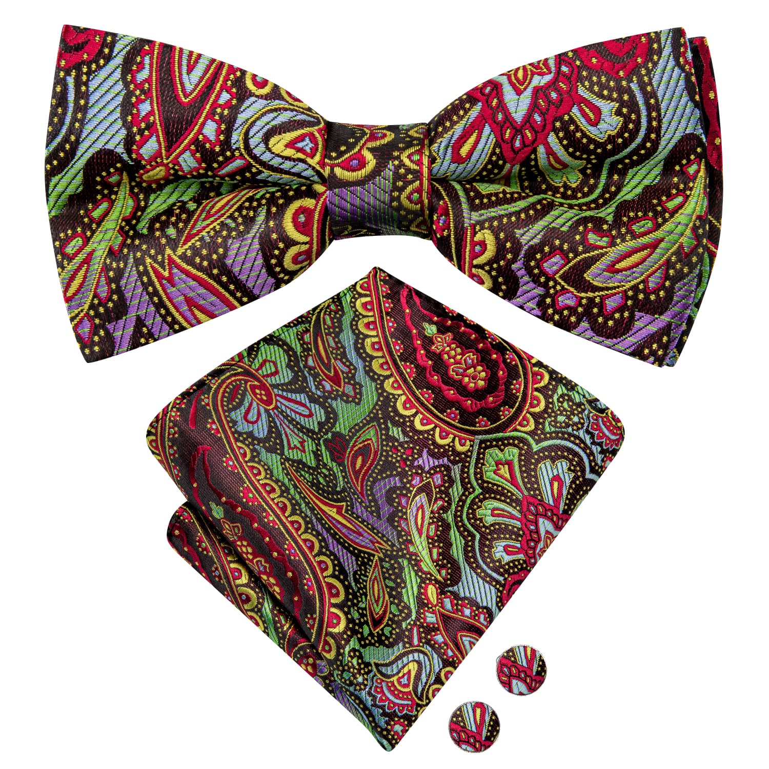  Rainbow Colorful Paisley Men's Silk Bow Tie Hanky Cufflinks Set