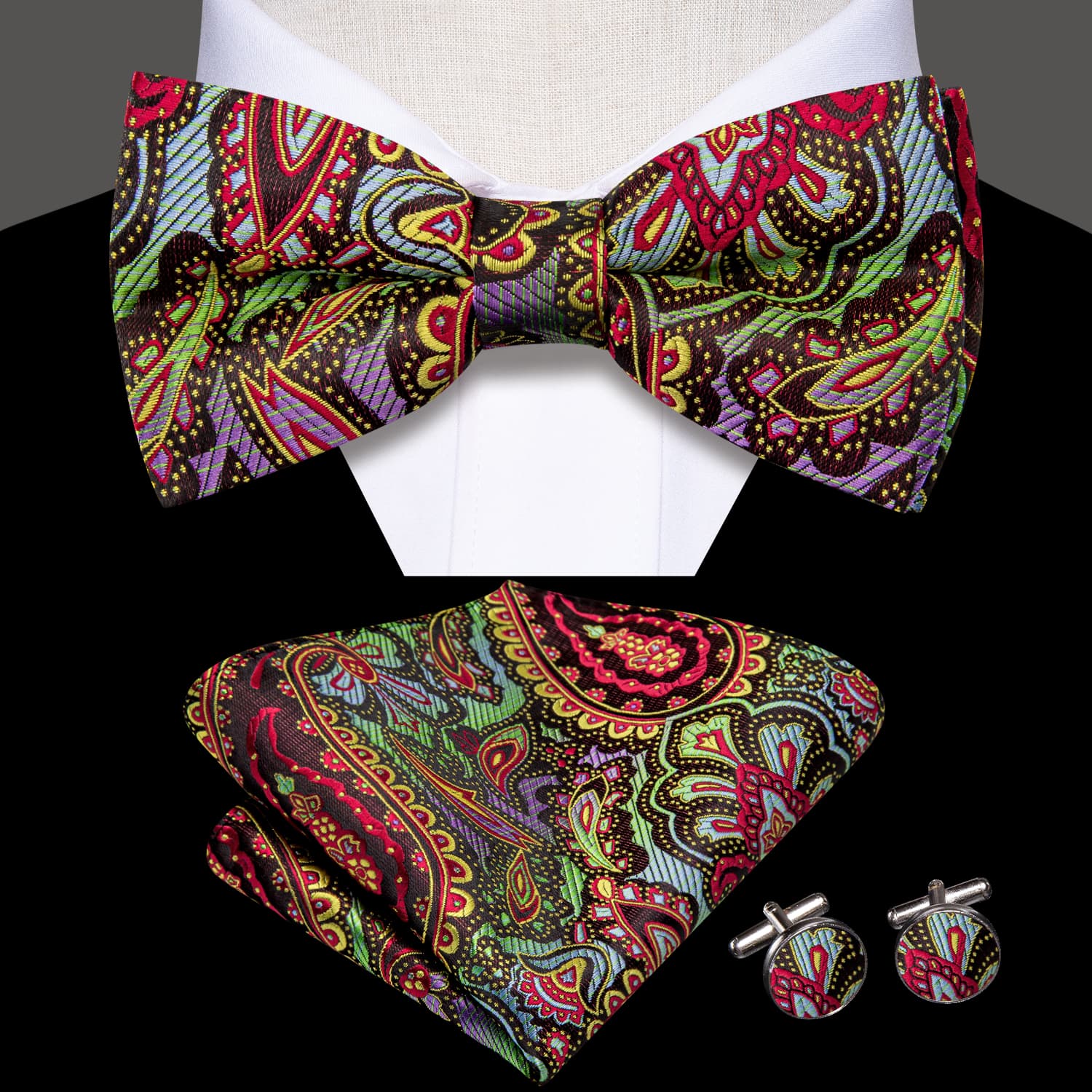  Rainbow Colorful Paisley Men's Silk Bow Tie Hanky Cufflinks Set