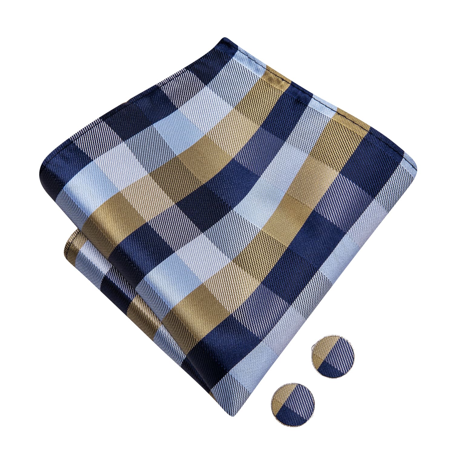 Deep Blue Sky Blue Brown Checkered Bow Tie Hanky Cufflinks Set