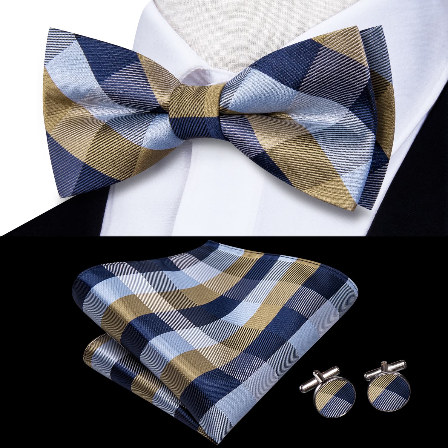 Deep Blue Sky Blue Brown Checkered Bow Tie Hanky Cufflinks Set