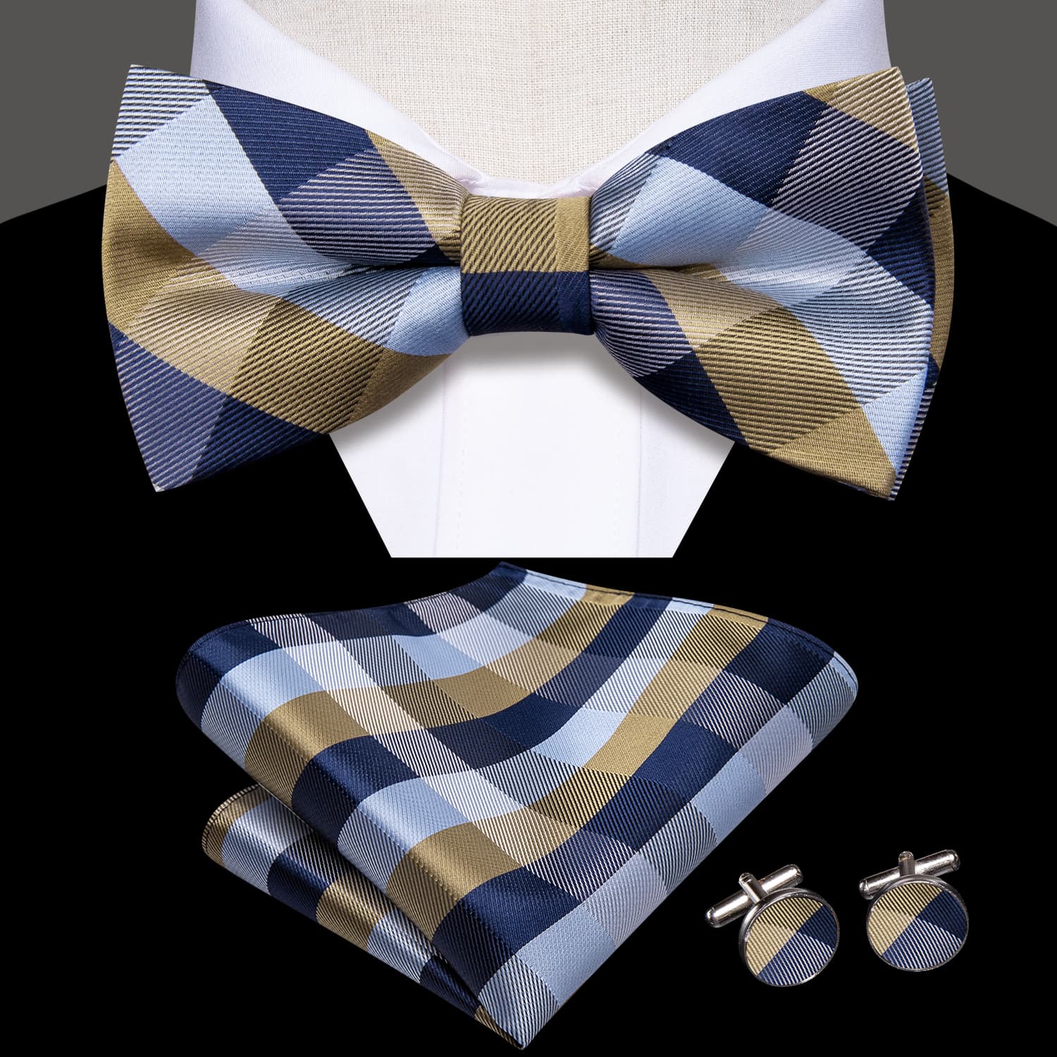 Deep Blue Sky Blue Brown Checkered Bow Tie Hanky Cufflinks Set