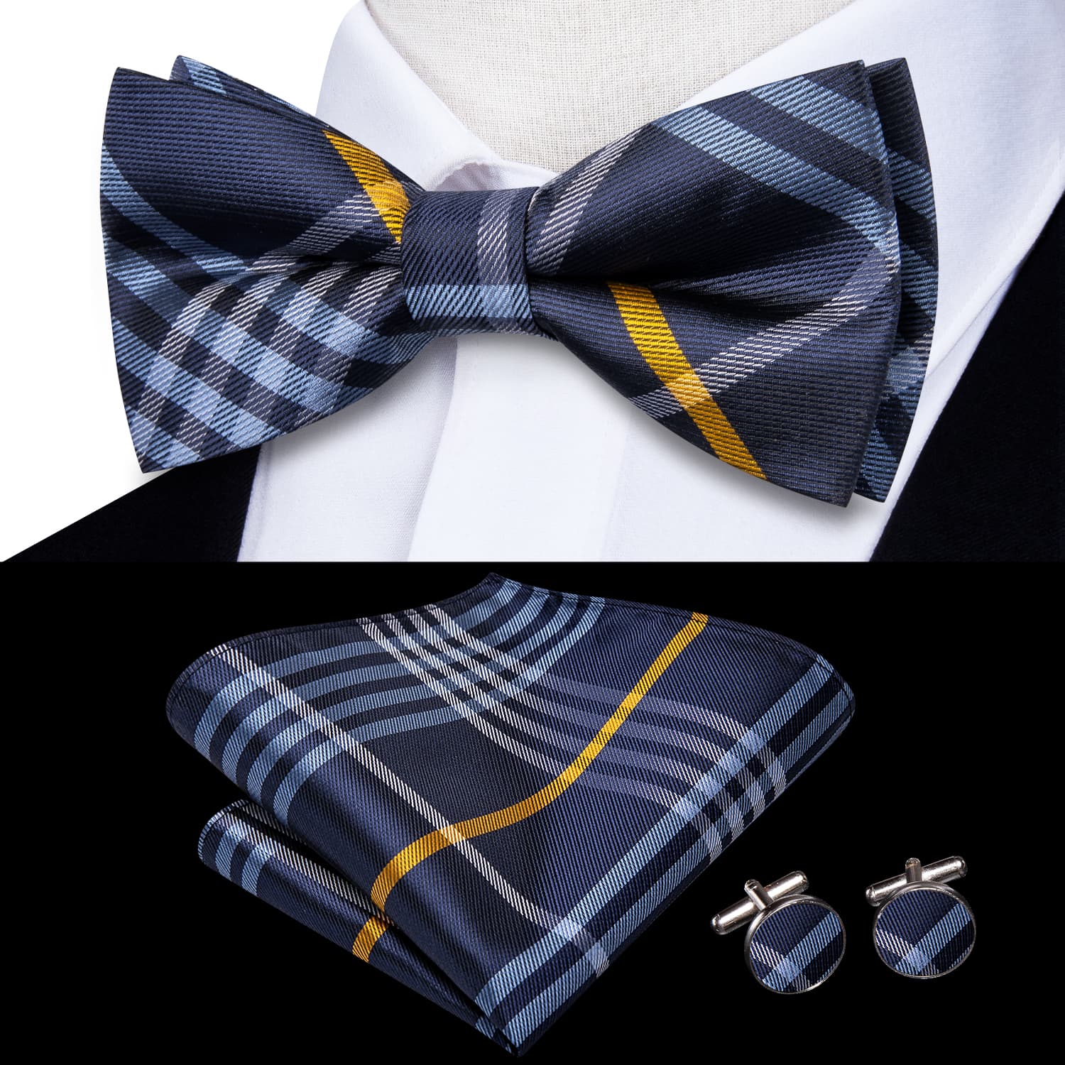  Blue Necktie White Yellow Stripes Bow Tie Hanky Cufflinks Set