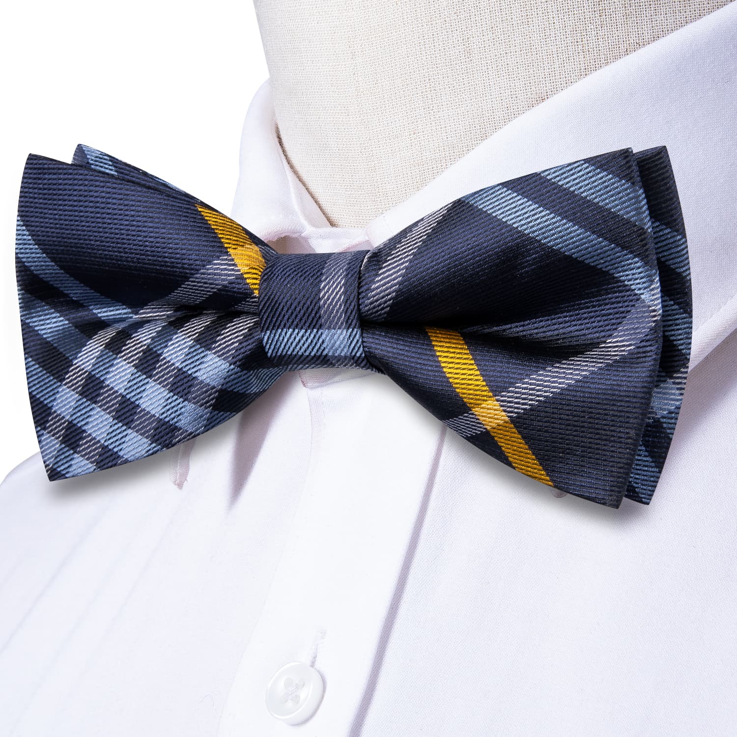  Blue Necktie White Yellow Stripes Bow Tie Hanky Cufflinks Set