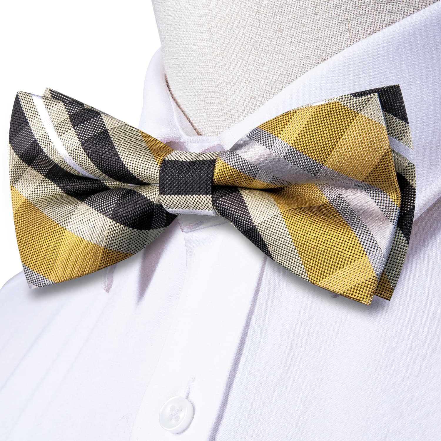 Yellow Bowtie Black Grey Stripes Bow Tie Hanky Cufflinks Set