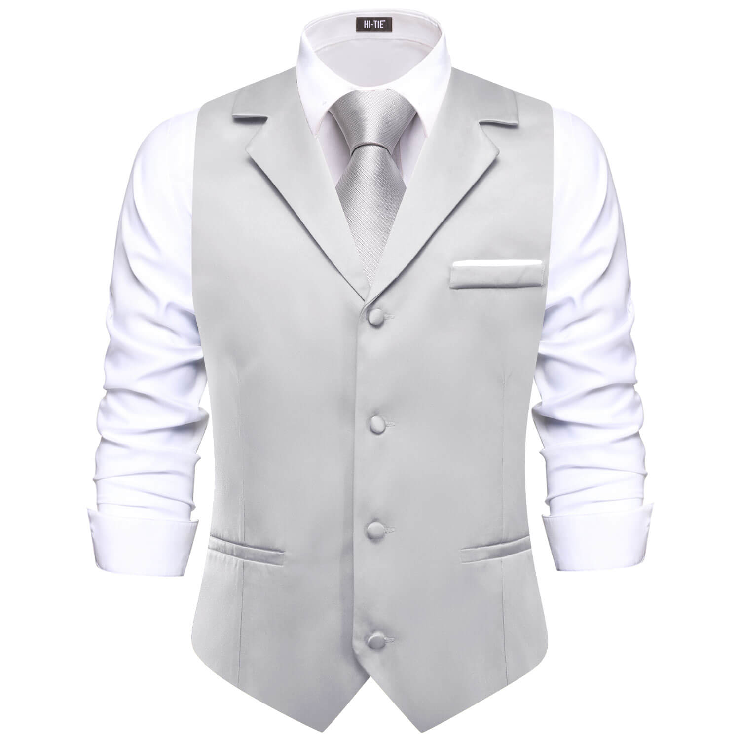 Hi-Tie Sliver Grey Waistcoat Solid Notch lapels Men's Vest