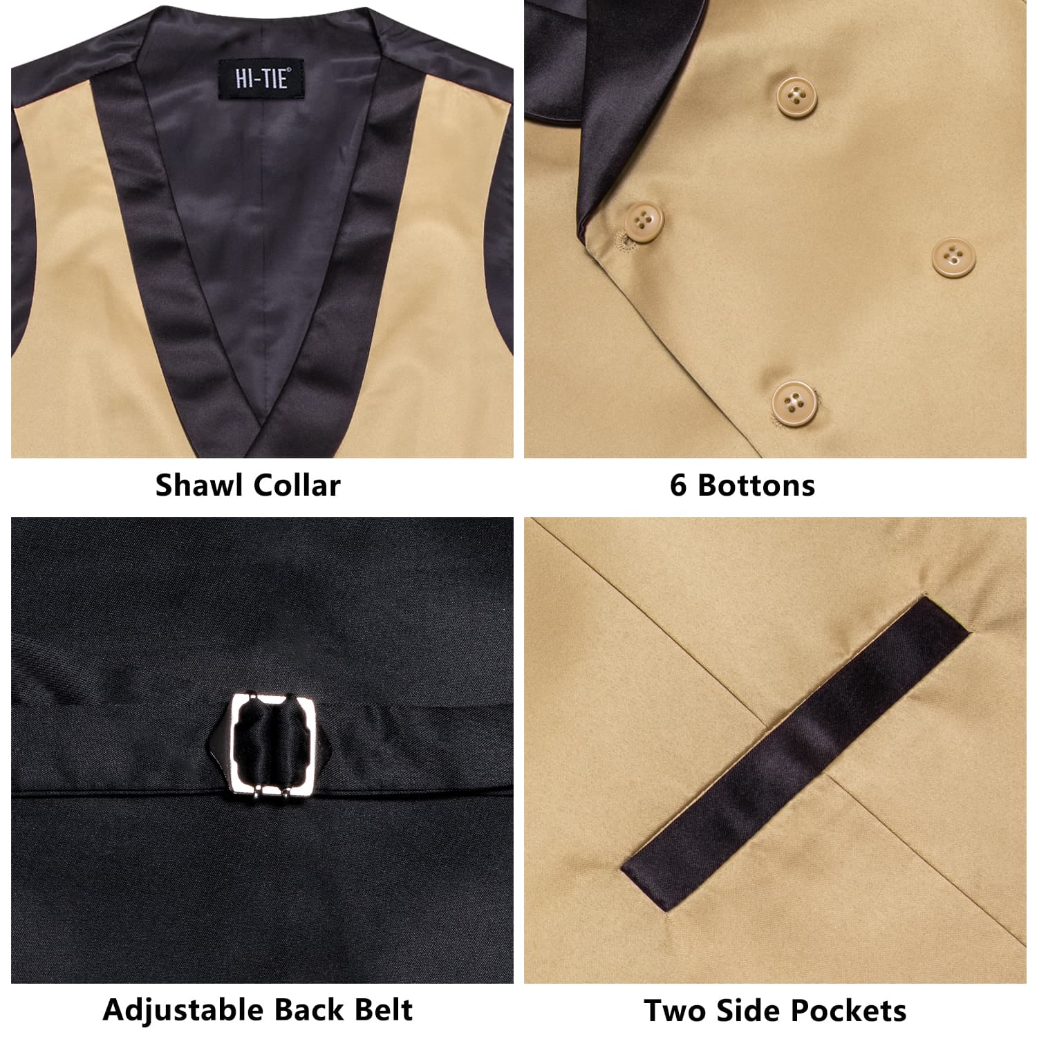 Hi-Tie Tan Double Breasted Waistcoat Black Shawl Lapel Mens Solid Vest