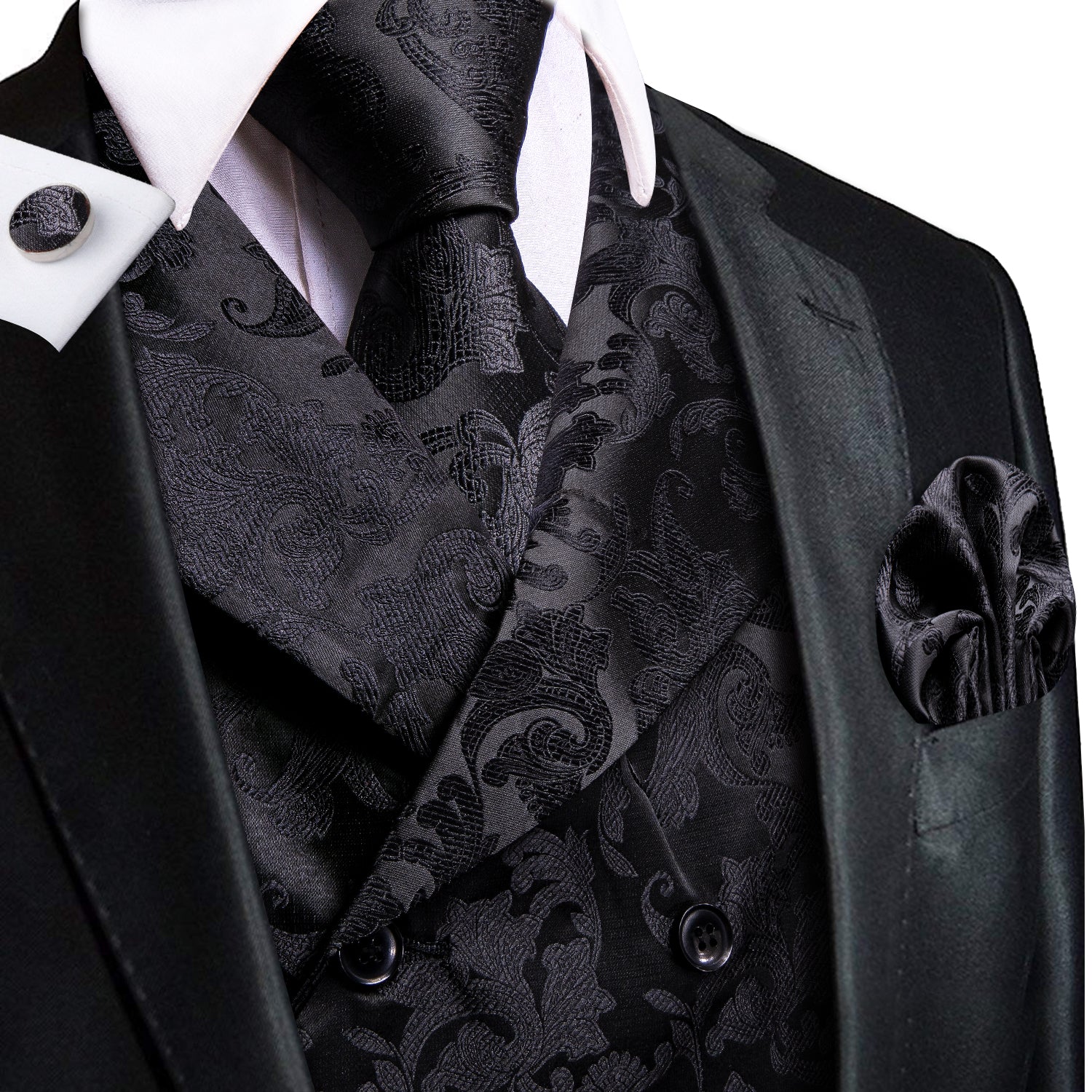 Hi-Tie Double Breasted Waistcoat Black Paisley Mens Formal Vest Tie Set