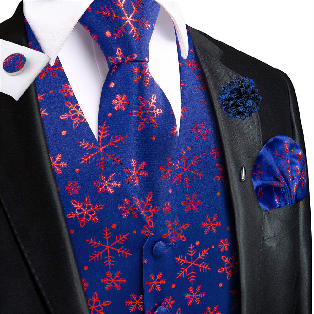 Hi-Tie Mens Waistcoat Blue Purple Snow Christmas Vest Necktie Set