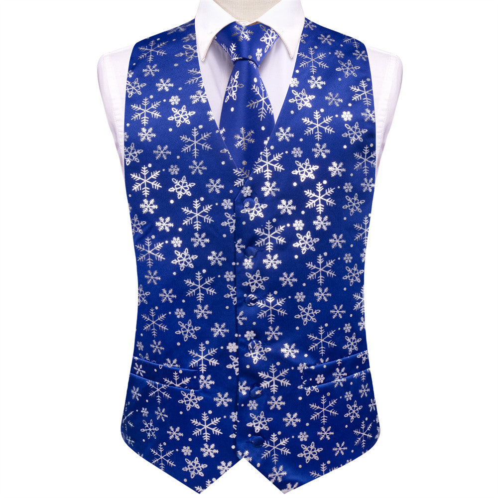 Hi-Tie Mens Waistcoat Blue Silver Snow Christmas Vest Necktie Set