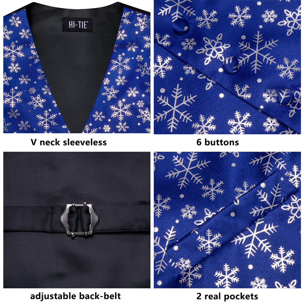 Hi-Tie Mens Waistcoat Blue Silver Snow Christmas Vest Necktie Set