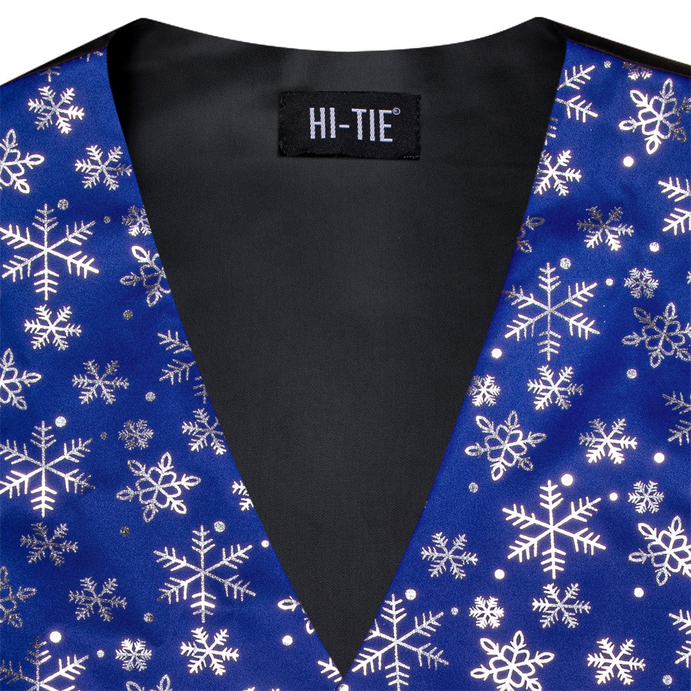 Hi-Tie Mens Waistcoat Blue Silver Snow Christmas Vest Necktie Set