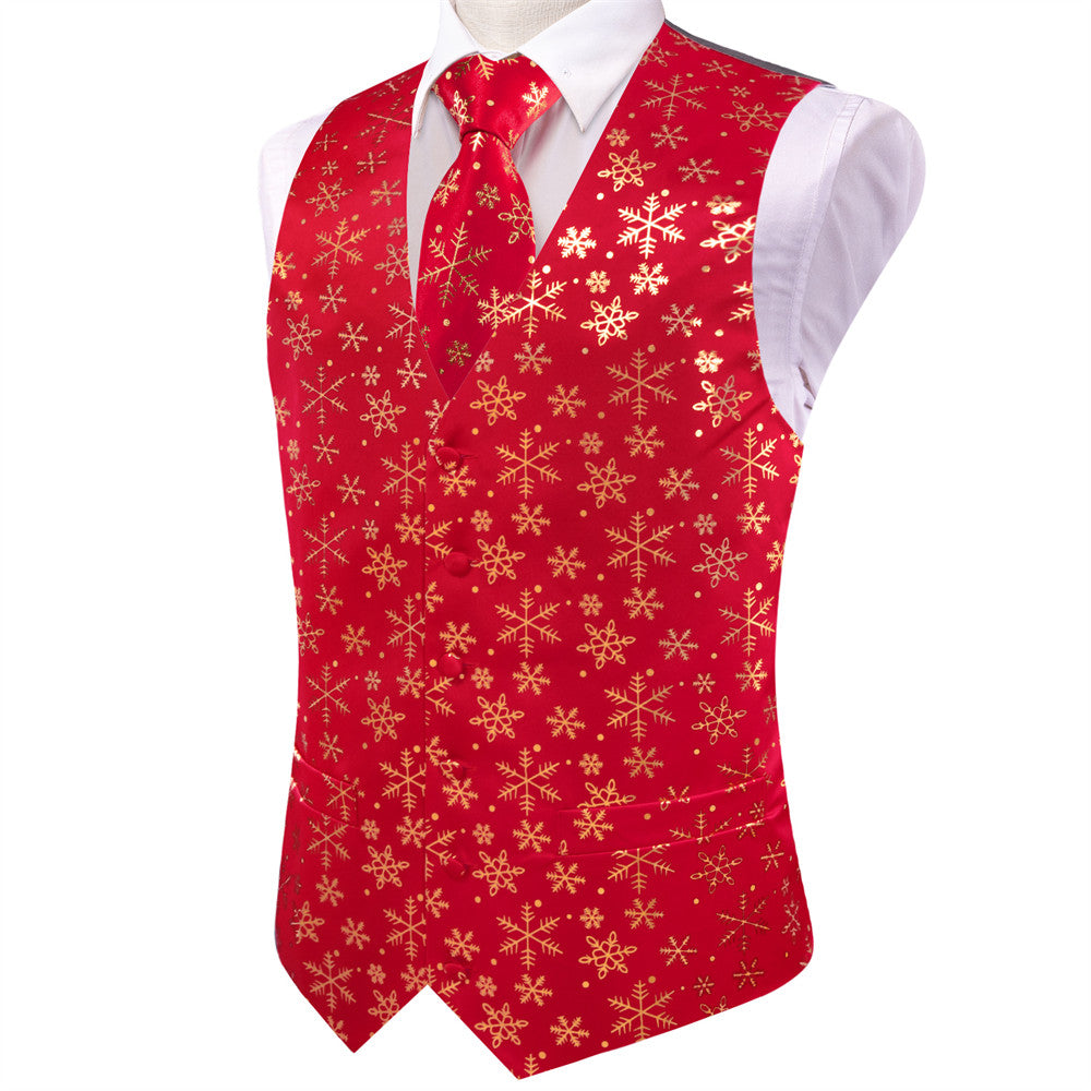 Hi-Tie Mens Waistcoat Red Gold Snow Christmas Vest Necktie Set