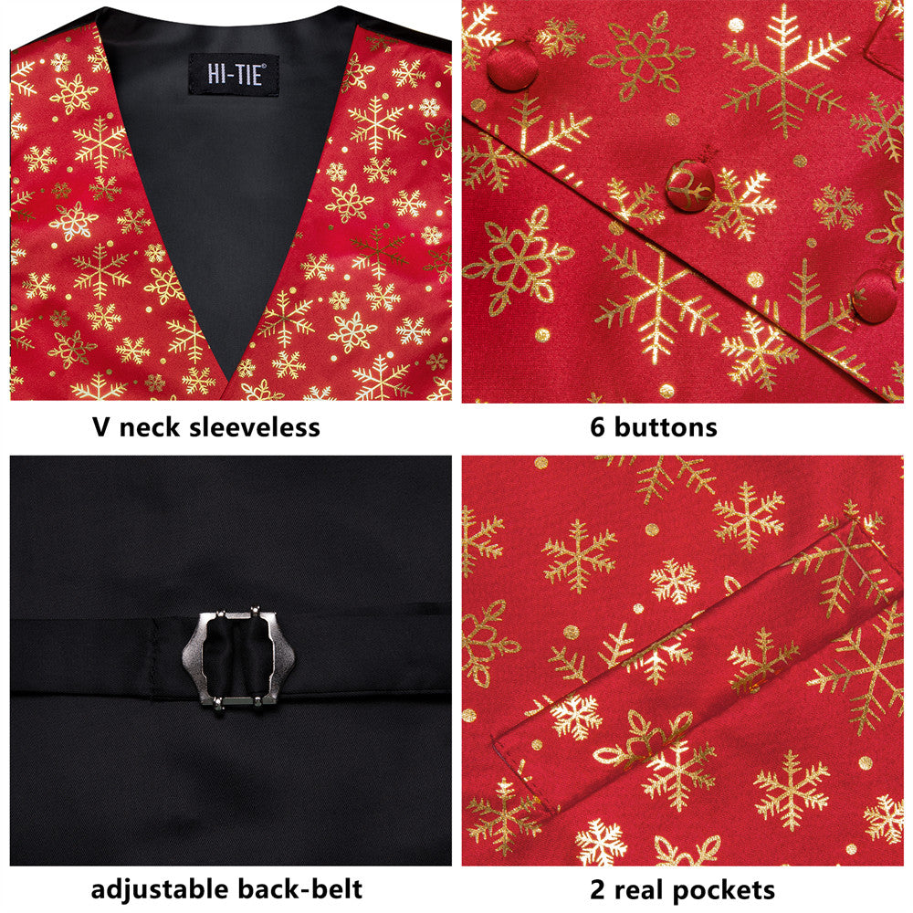 Hi-Tie Mens Waistcoat Red Gold Snow Christmas Vest Necktie Set