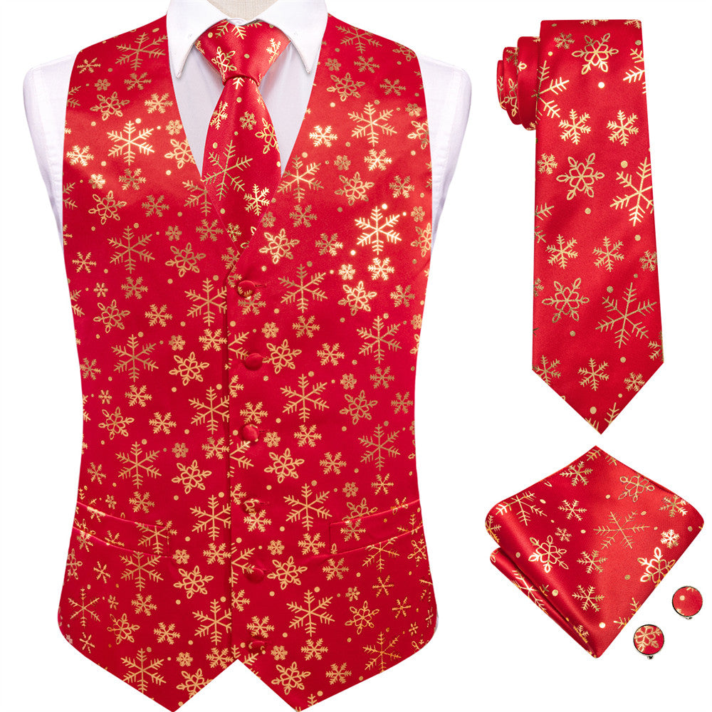 Hi Tie Mens Waistcoat Red Gold Snow Christmas Vest Necktie Set