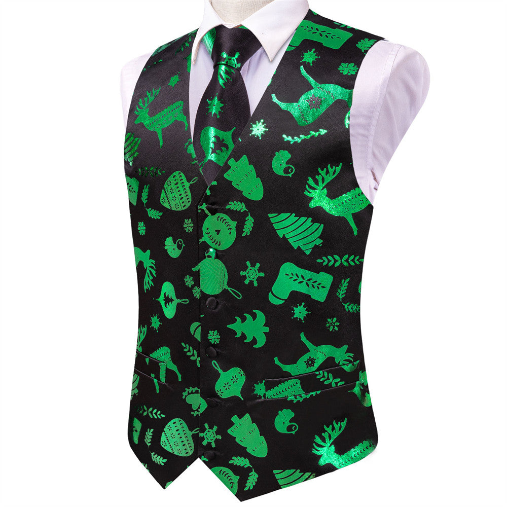 Hi-Tie Mens Waistcoat Black Green Tree Christmas Vest Necktie Set