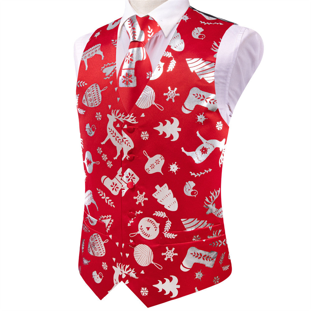 Hi-Tie Mens Waistcoat Red Silver Christmas Elements Vest Necktie Set