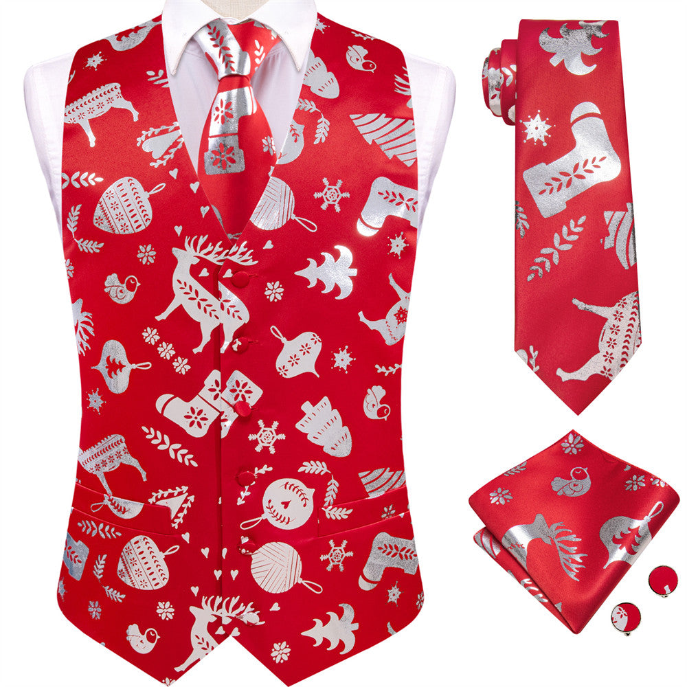 Hi Tie Mens Waistcoat Red Silver Christmas Elements Vest Necktie Set