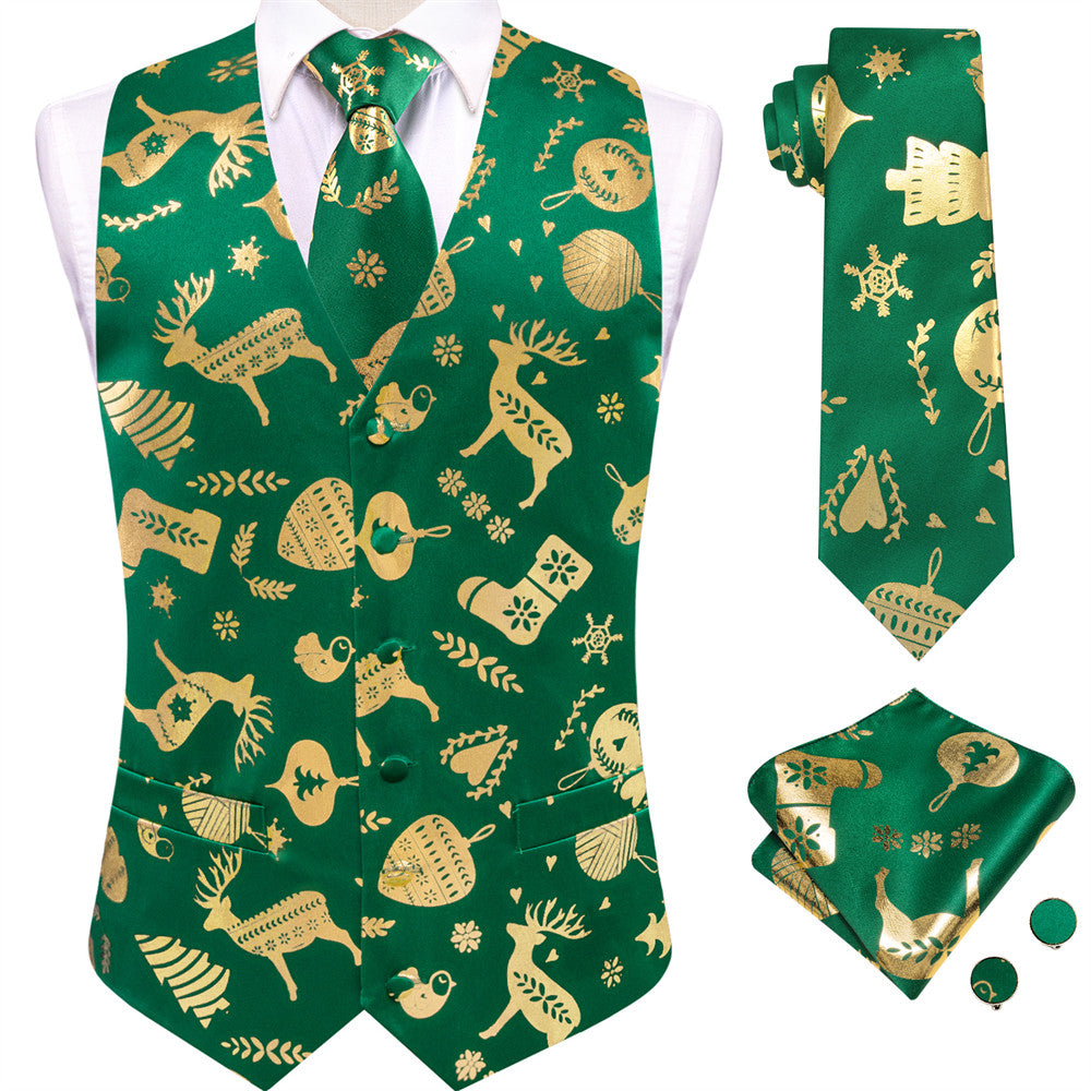 Hi-Tie Mens Waistcoat Green Gold Christmas Tree Elements Vest Necktie Set