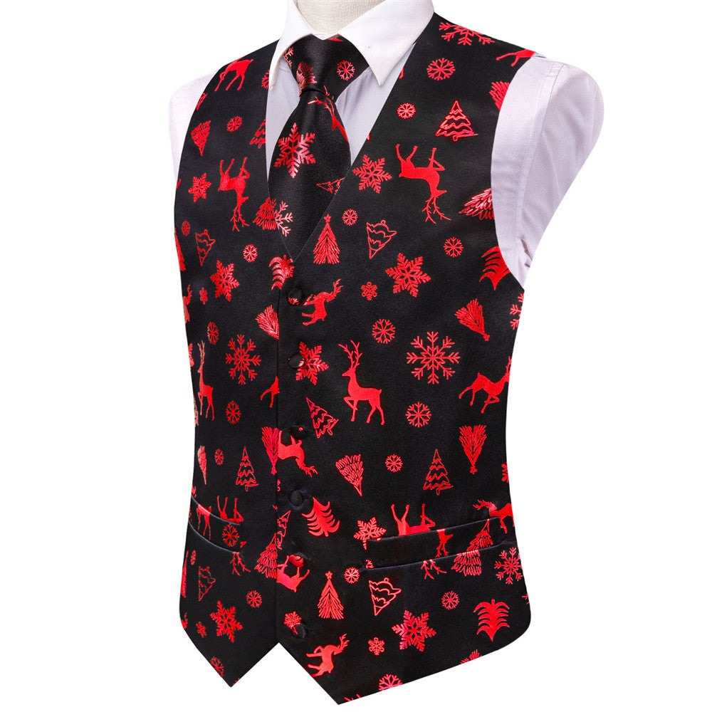 Hi-Tie Mens Waistcoat Black Red Christmas Tree Elements Vest Necktie Set