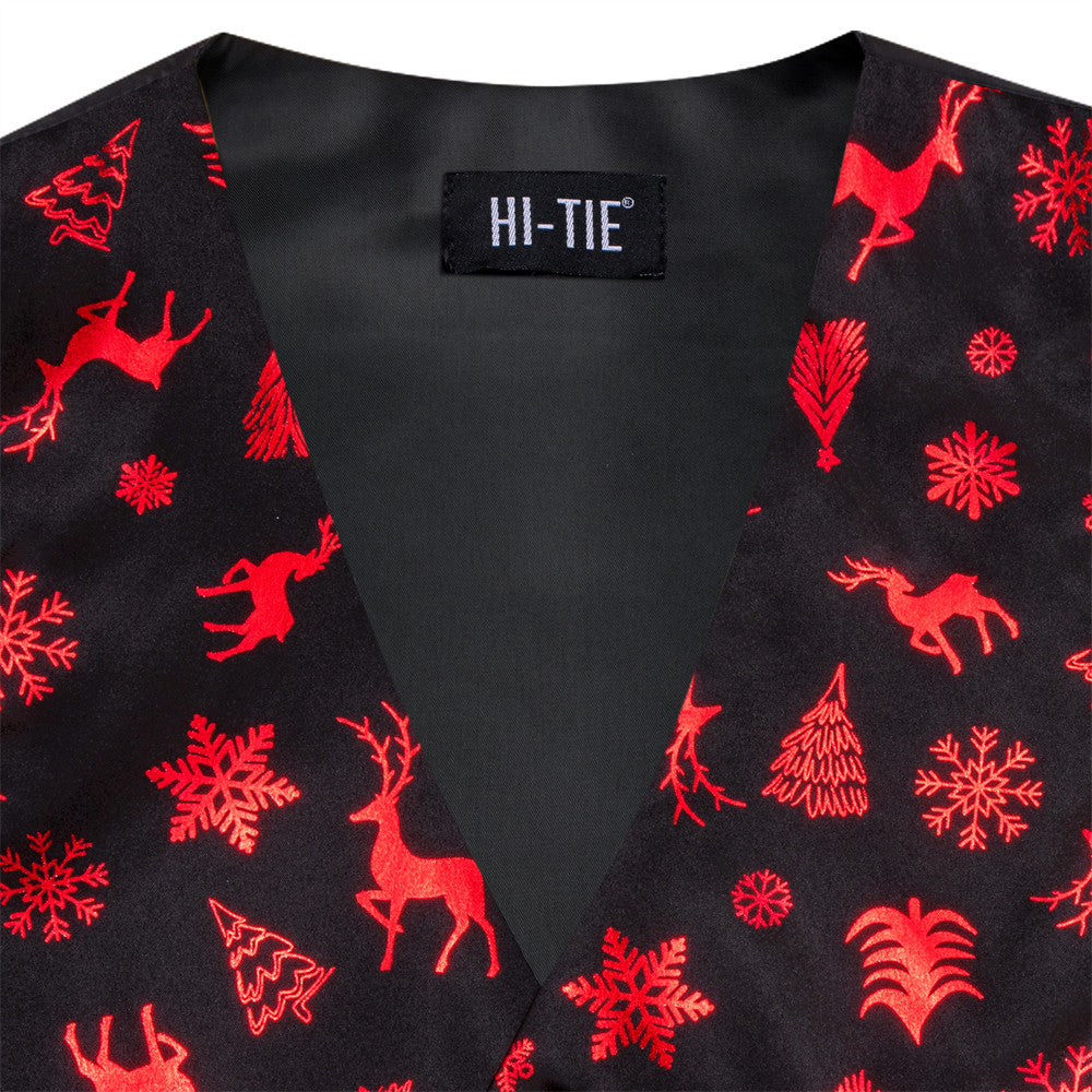 Hi-Tie Mens Waistcoat Black Red Christmas Tree Elements Vest Necktie Set