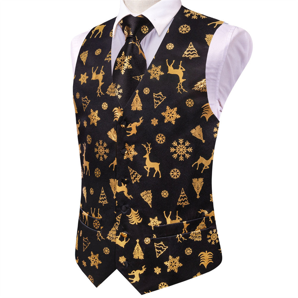 Hi-Tie Mens Waistcoat Black Gold Christmas Tree Elements Vest Necktie Set