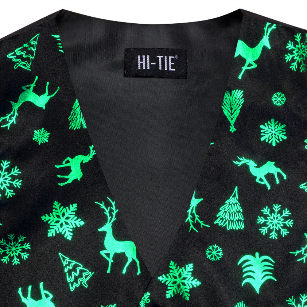 Hi-Tie Mens Waistcoat Black Green Christmas Tree Elements Vest Necktie Set