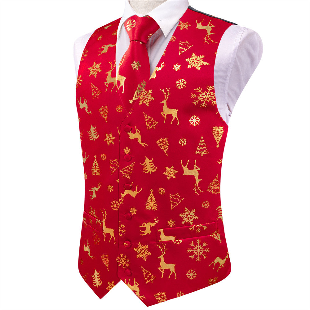 Hi-Tie Mens Waistcoat Red Gold Christmas Tree Elements Vest Necktie Set