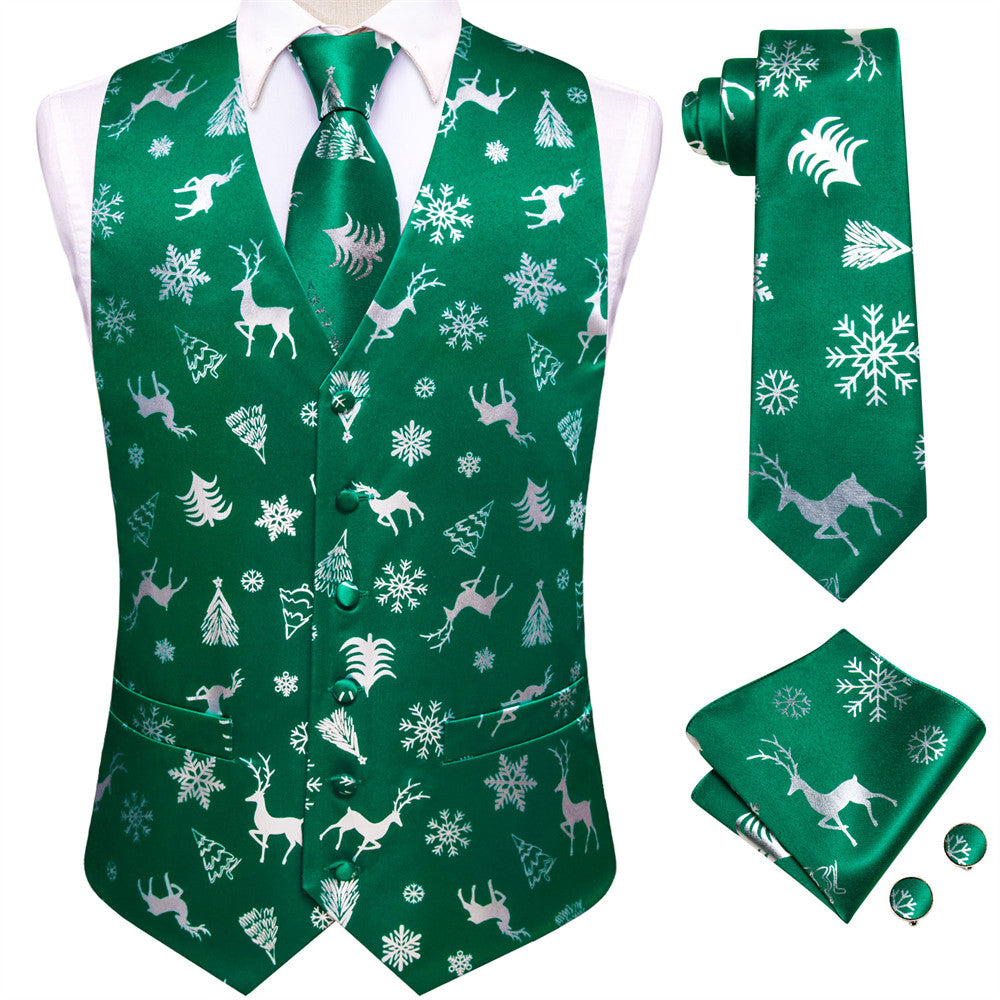 Hi-Tie Mens Waistcoat Green White Christmas Tree Elements Vest Necktie Set