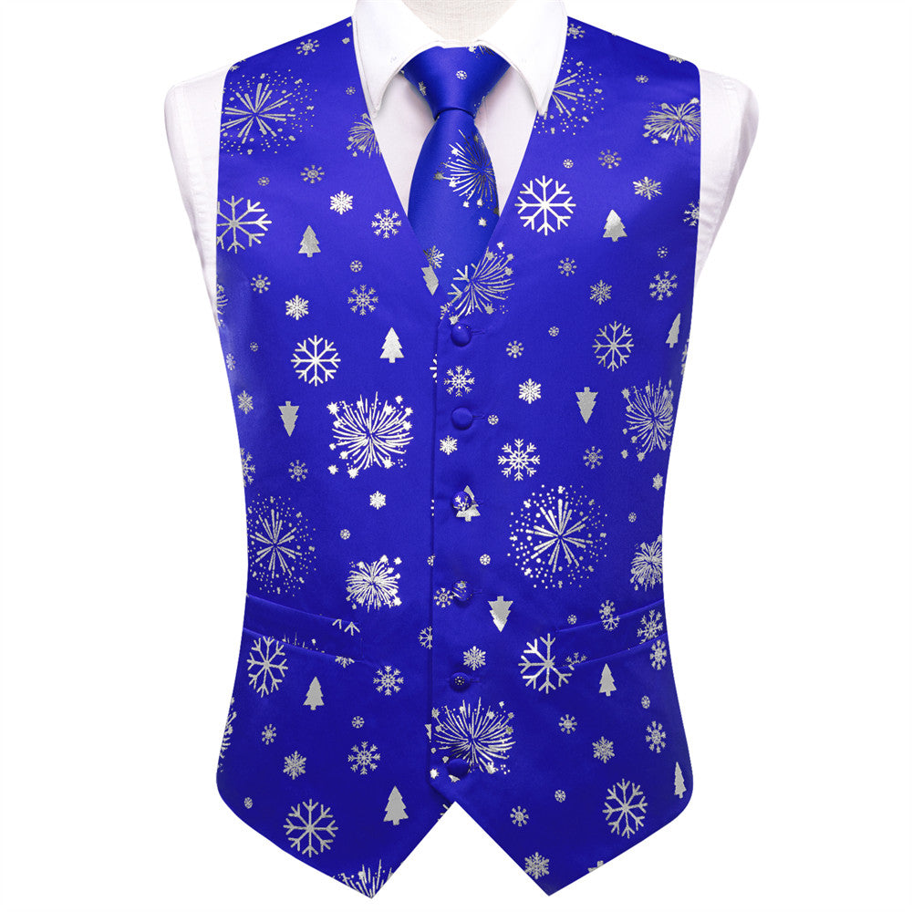 Hi-Tie Blue White Christmas Tree Elements Vest Necktie Bowtie Set