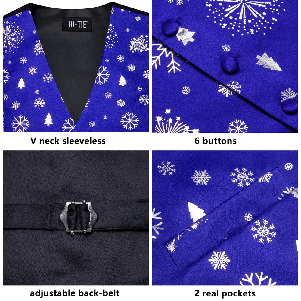 Hi-Tie Blue White Christmas Tree Elements Vest Necktie Bowtie Set