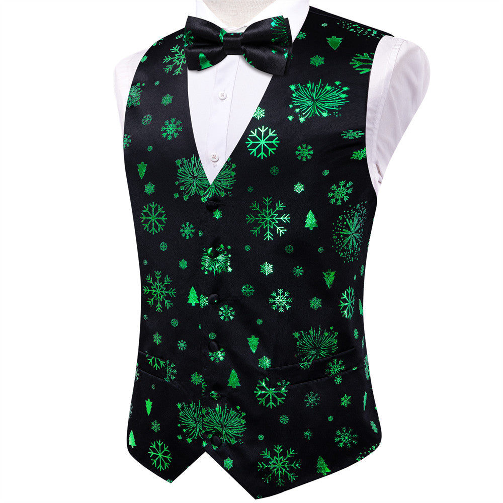 Hi-Tie Black Green Christmas Elements Vest Necktie Bowtie Set